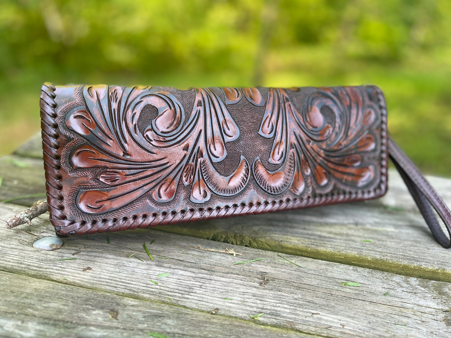 Hand Tooled Leather Clutch - Wristlet "Oaxaca" by ALLE, Vintage Boho style