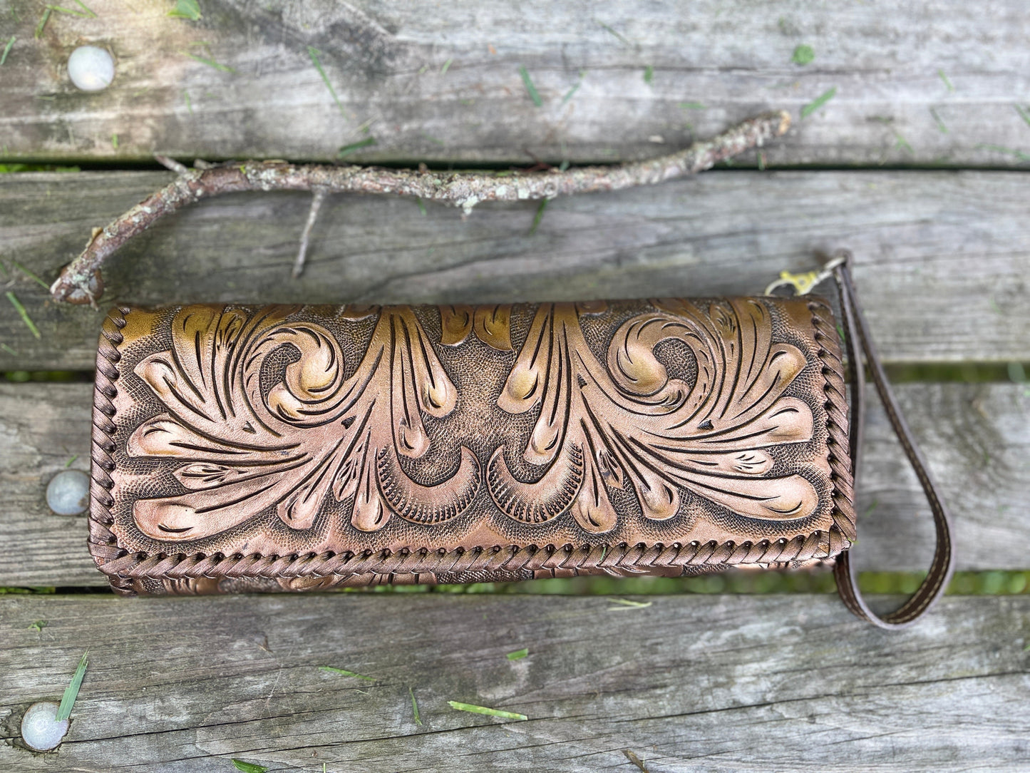 Hand Tooled Leather Clutch - Wristlet "Oaxaca" by ALLE, Vintage Boho style