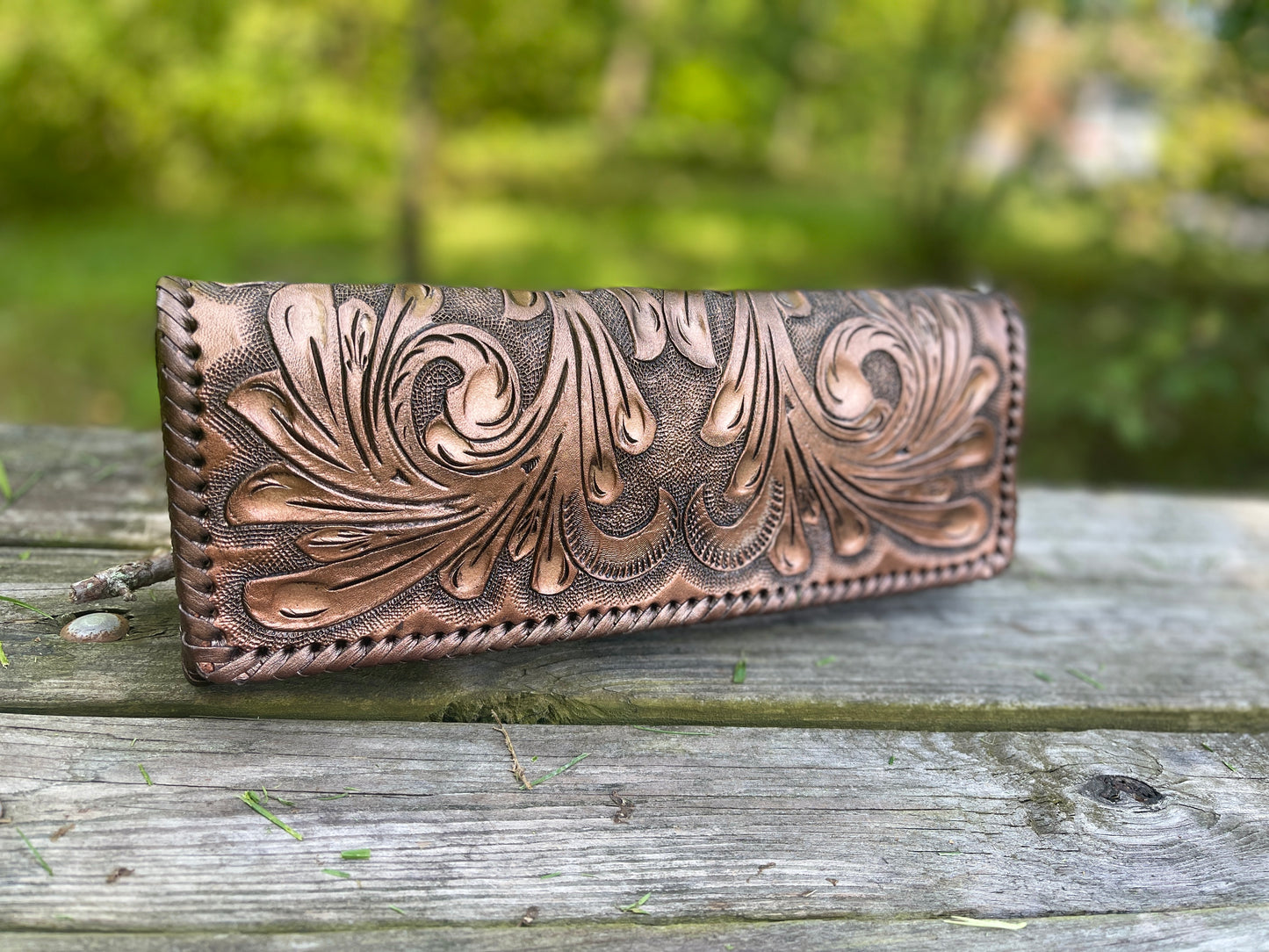 Hand Tooled Leather Clutch - Wristlet "Oaxaca" by ALLE, Vintage Boho style