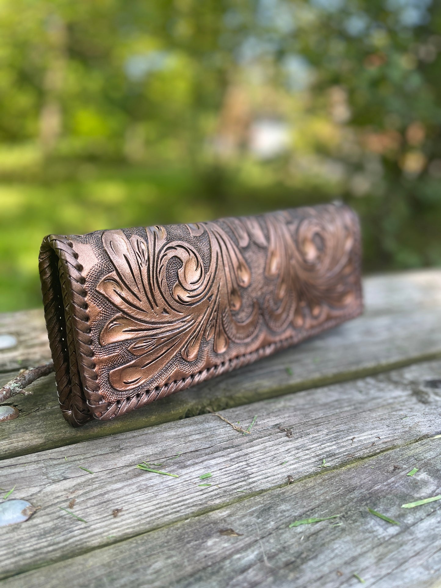 Hand Tooled Leather Clutch - Wristlet "Oaxaca" by ALLE, Vintage Boho style