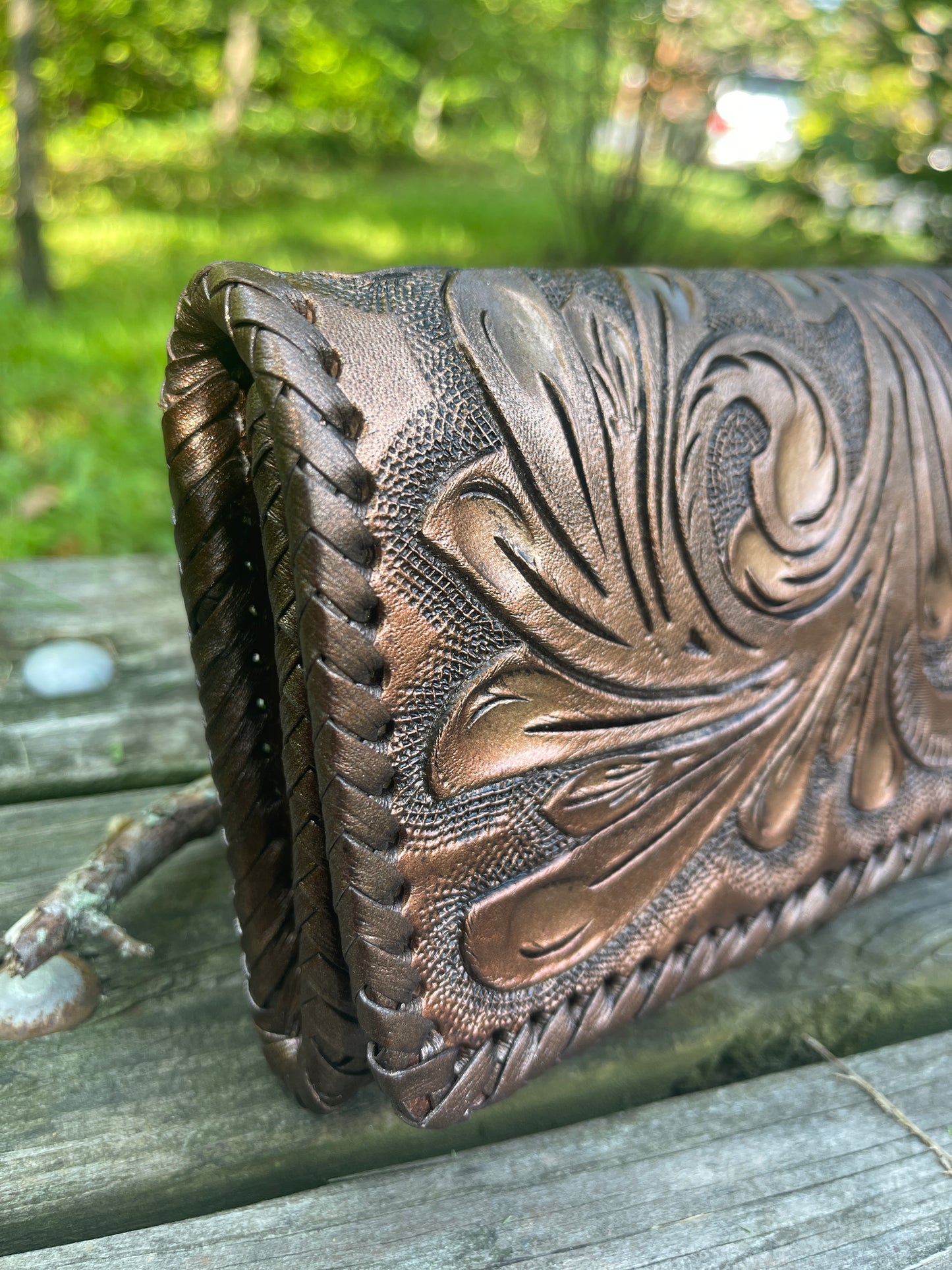 Hand Tooled Leather Clutch - Wristlet "Oaxaca" by ALLE, Vintage Boho style