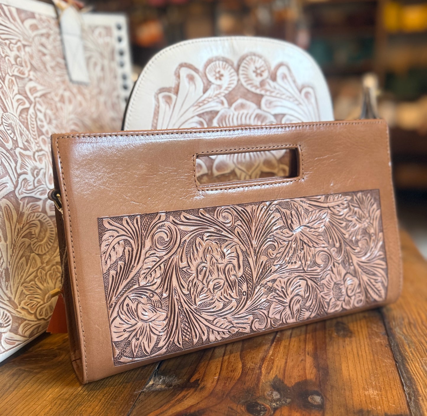 Hand-Tooled Leather Floral Clutch-Crossbody “LAURA”