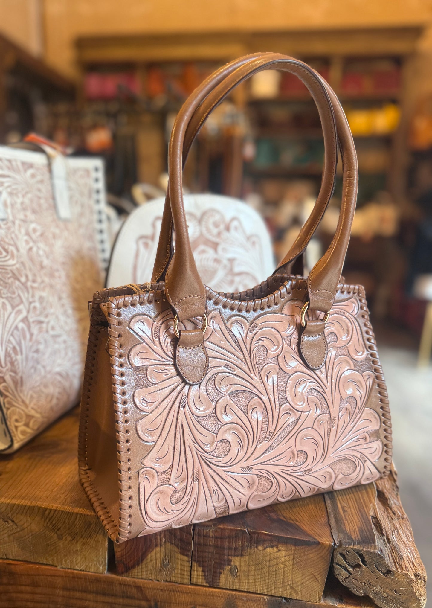 Hand-Tooled Leather Satchel Bag KAREN