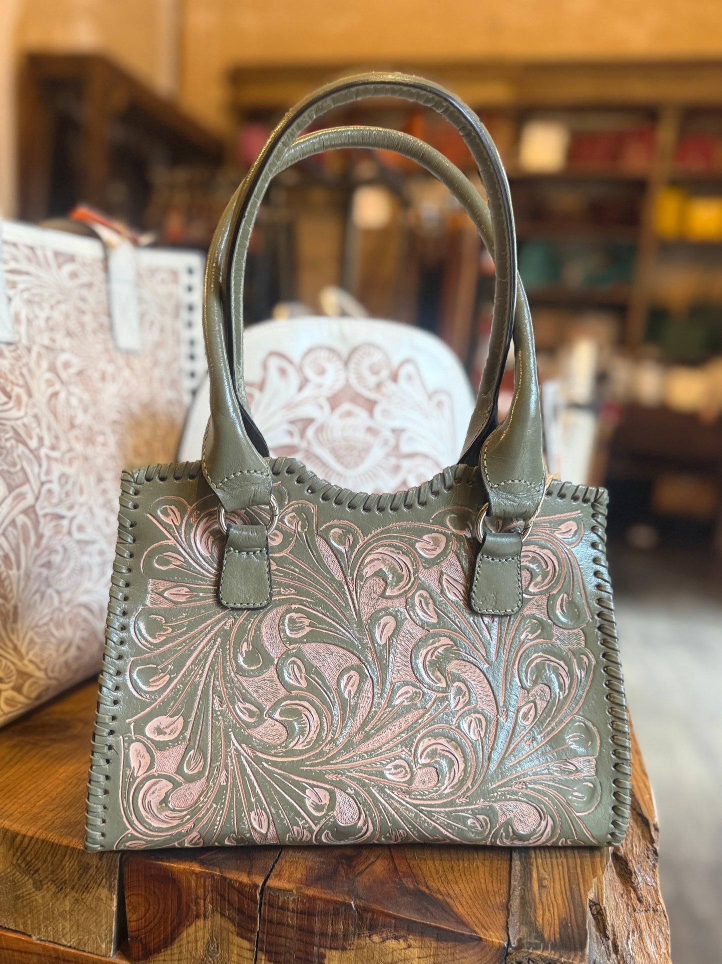 Hand-Tooled Leather Satchel Bag KAREN