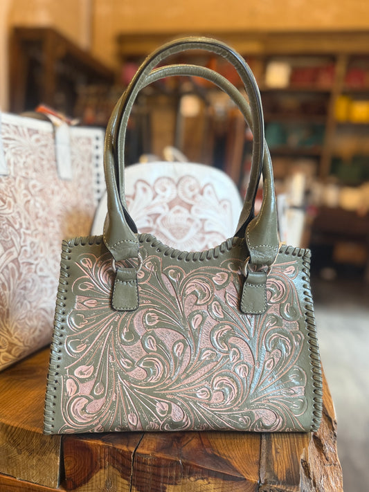Hand-Tooled Leather Satchel Bag KAREN
