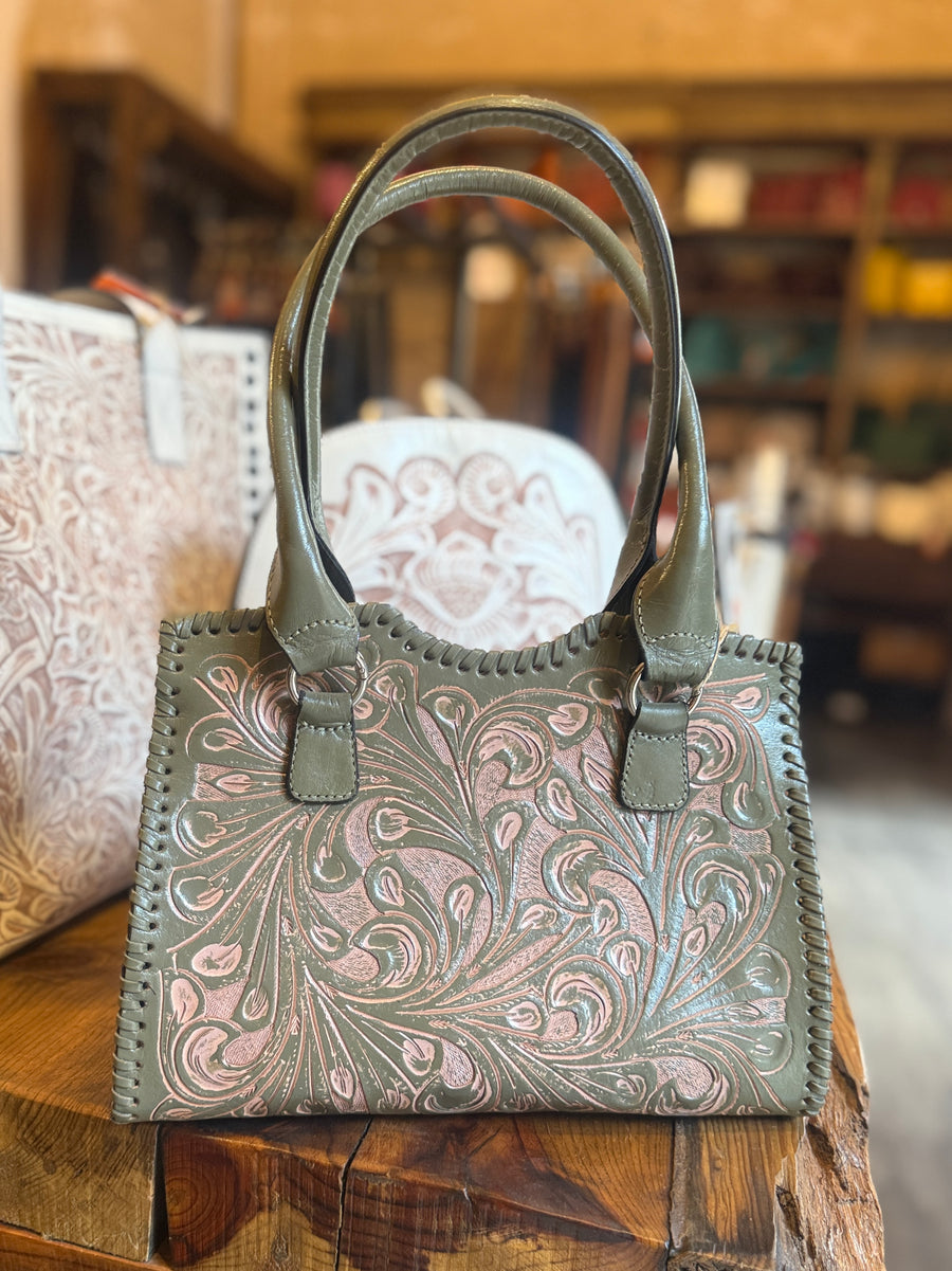 Hand-Tooled Leather Satchel Bag KAREN