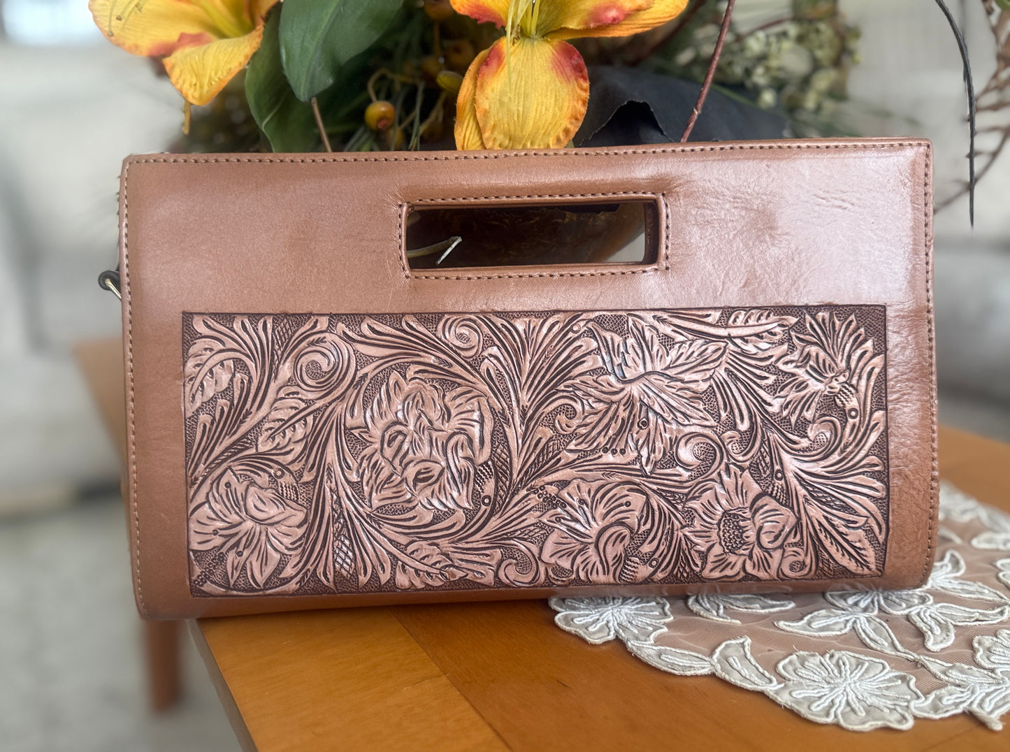 Hand-Tooled Leather Floral Clutch-Crossbody “LAURA”