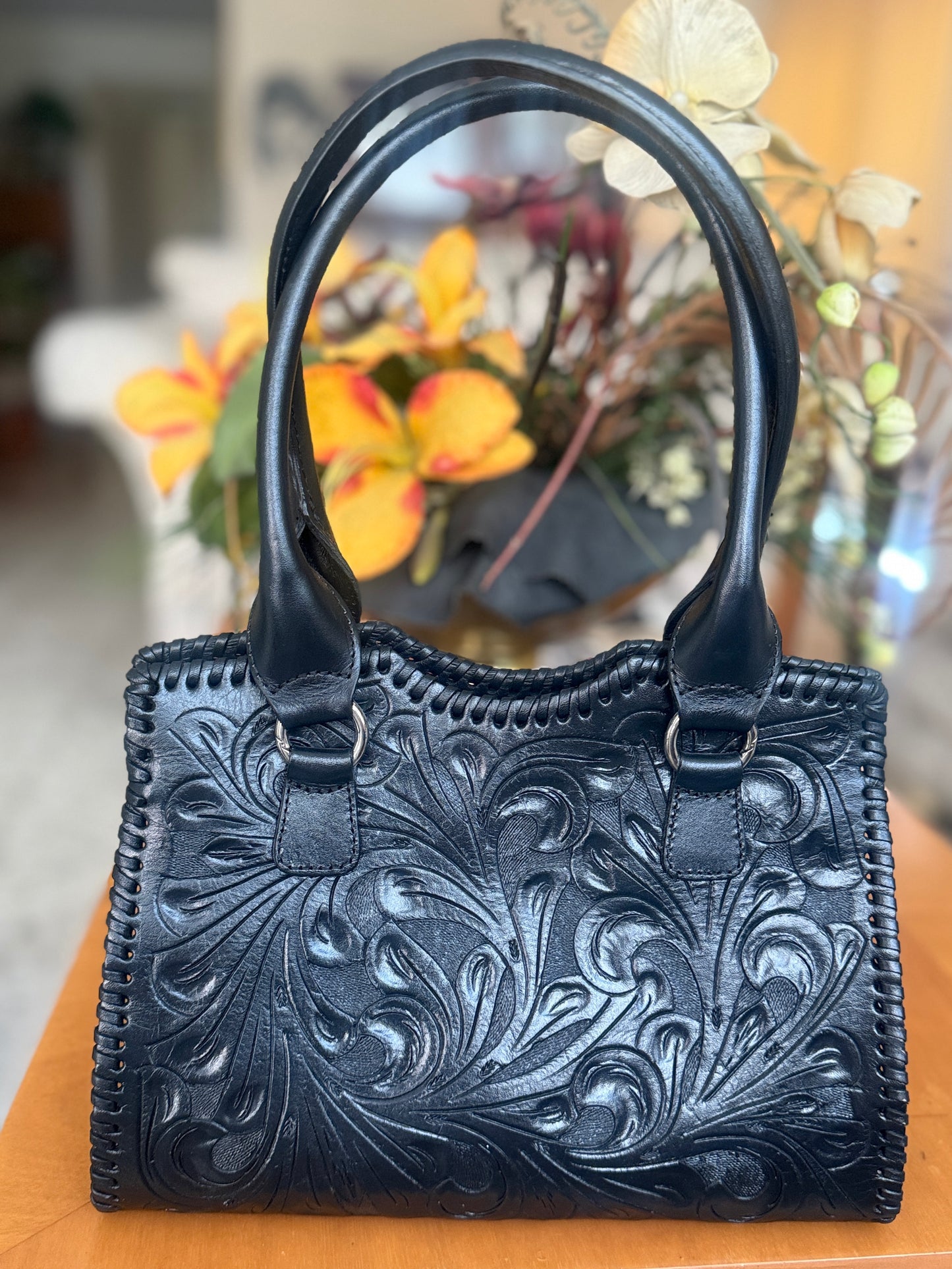 Hand-Tooled Leather Satchel Bag KAREN
