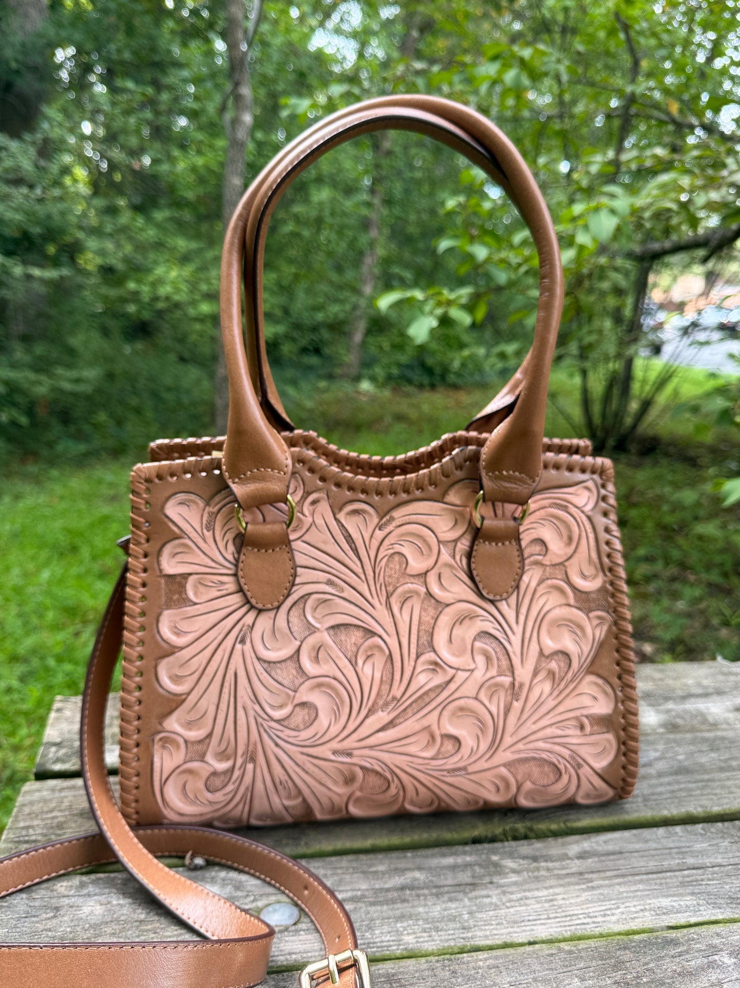 Hand-Tooled Leather Satchel Bag KAREN