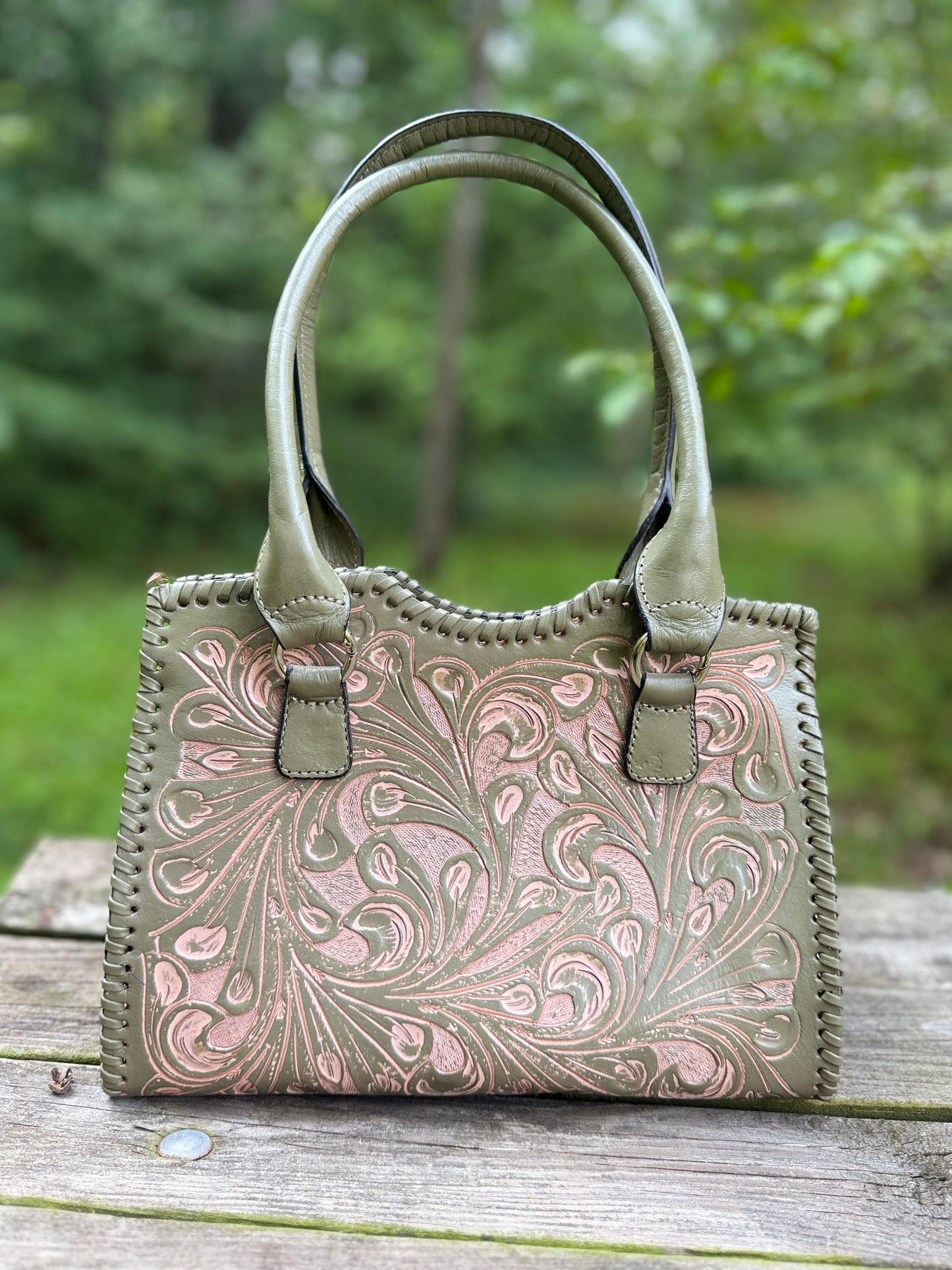 Hand-Tooled Leather Satchel Bag KAREN