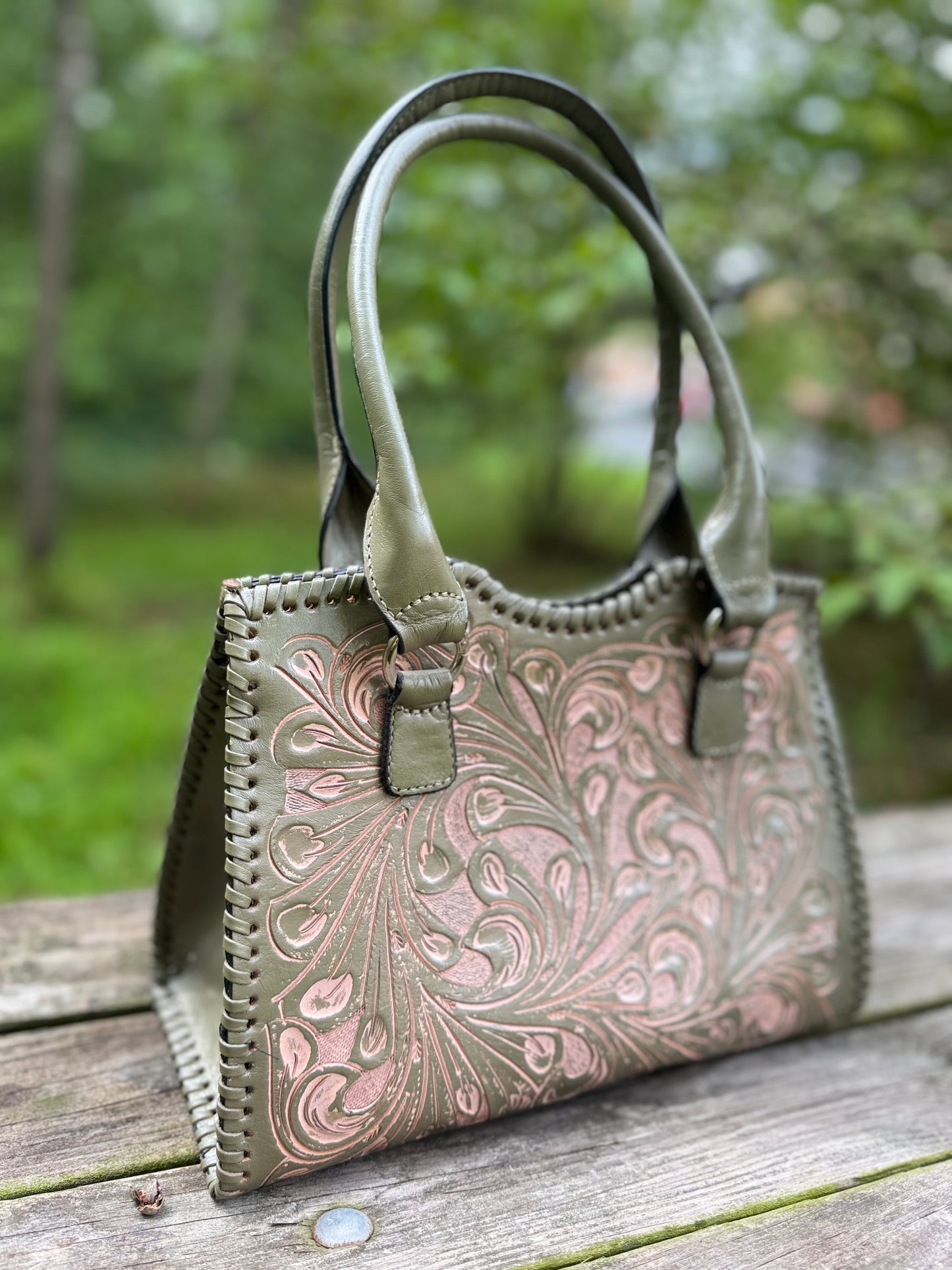 Hand-Tooled Leather Satchel Bag KAREN