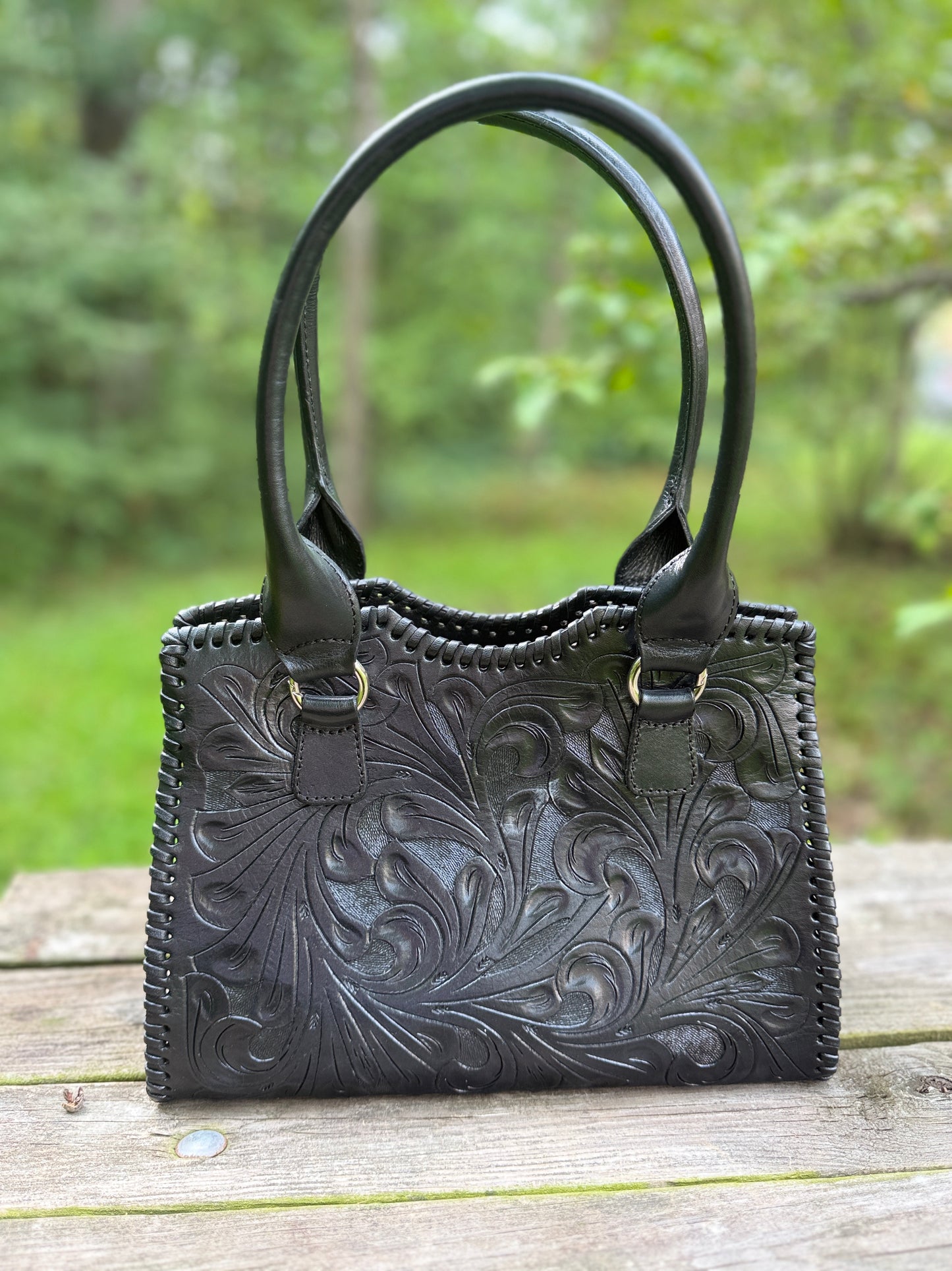 Hand-Tooled Leather Satchel Bag KAREN