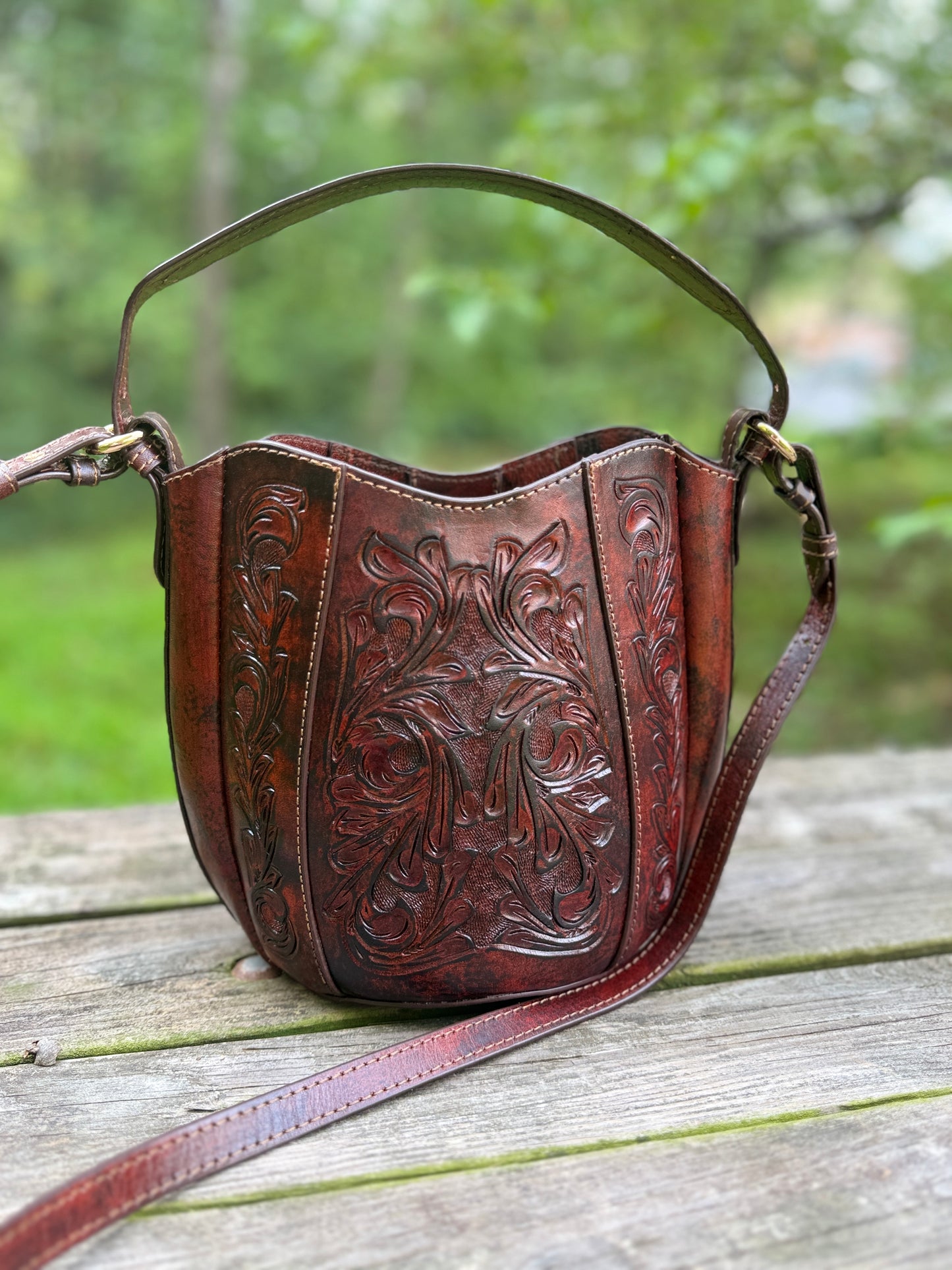 Hand-Tooled Leather Crossbody-Bucket Bag STACY