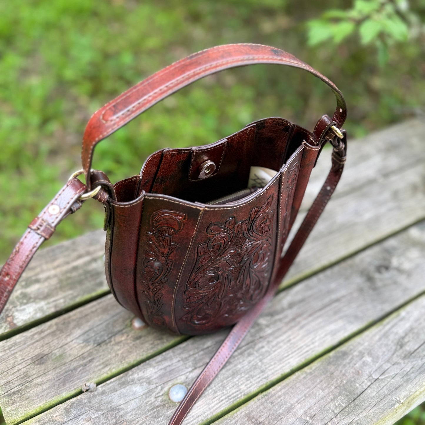 Hand-Tooled Leather Crossbody-Bucket Bag STACY