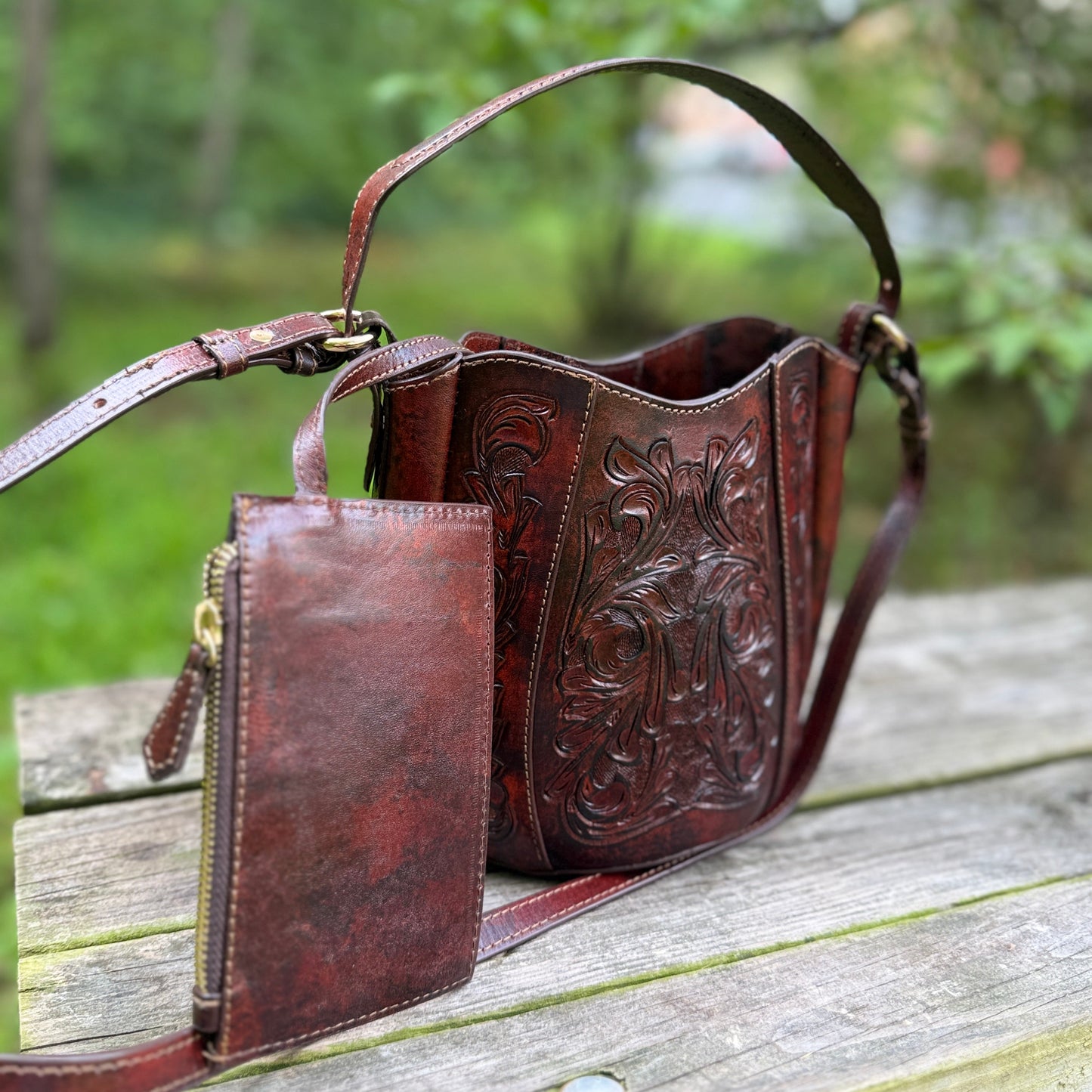 Hand-Tooled Leather Crossbody-Bucket Bag STACY