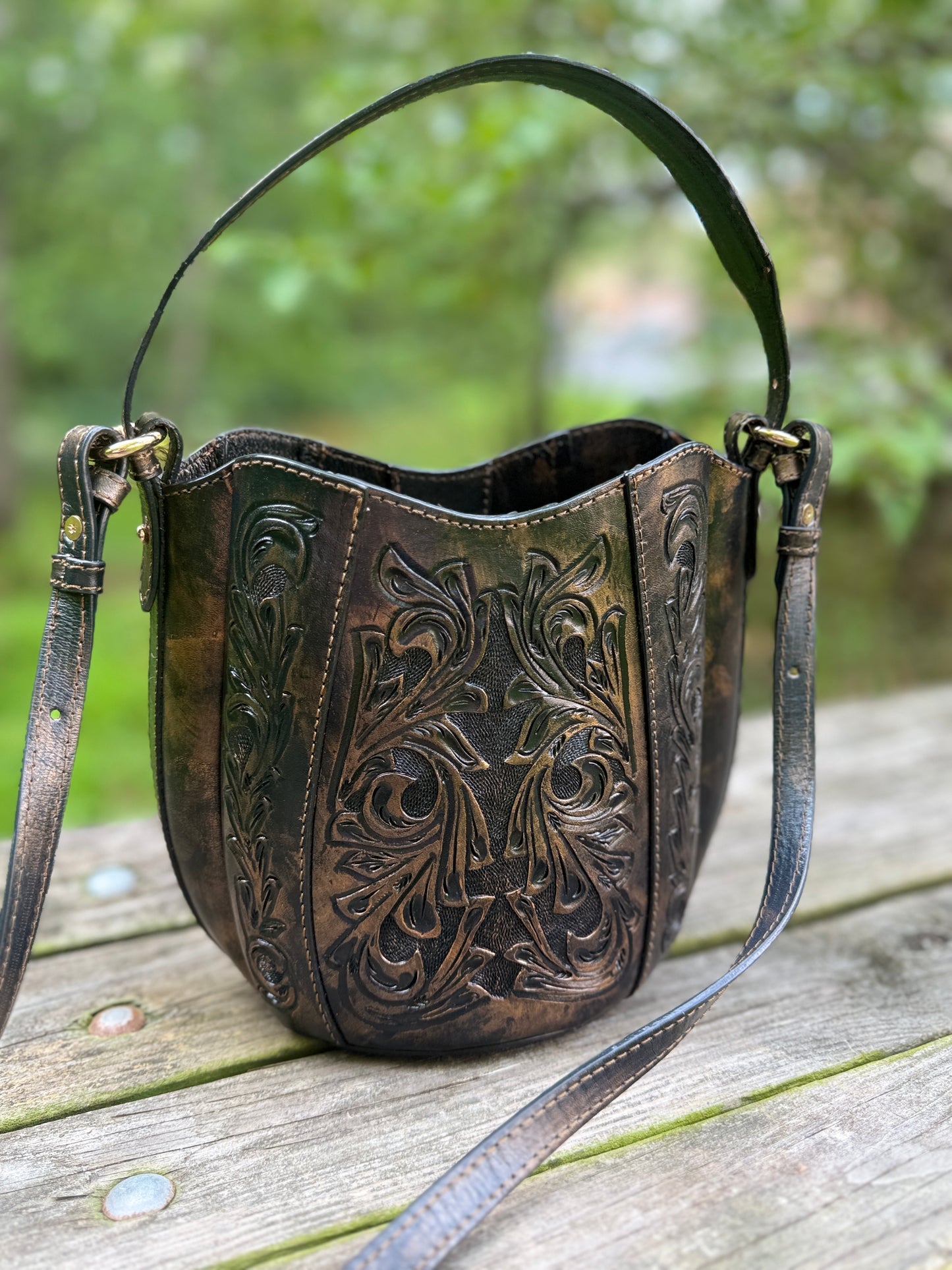 Hand-Tooled Leather Crossbody-Bucket Bag STACY