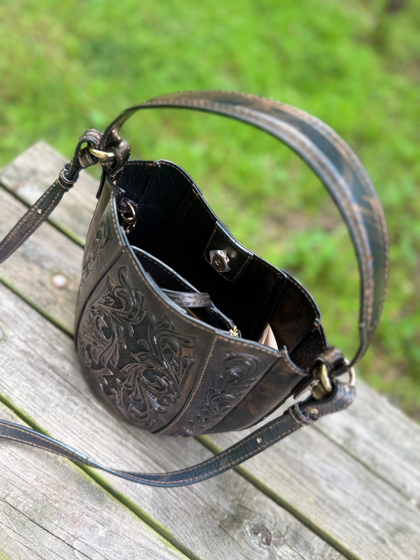 Hand-Tooled Leather Crossbody-Bucket Bag STACY