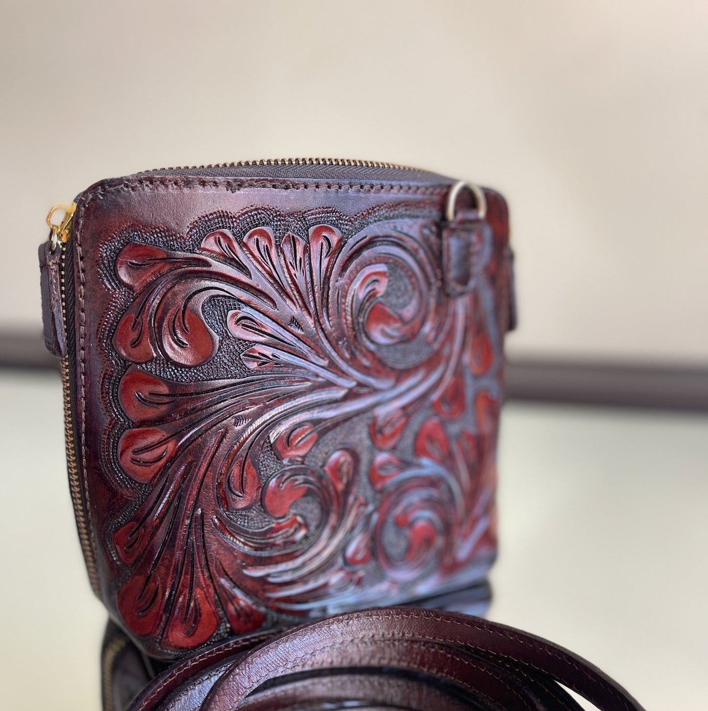 Hand-Tooled Leather Small Crossbody "CATALINA" by ALLE more Colors