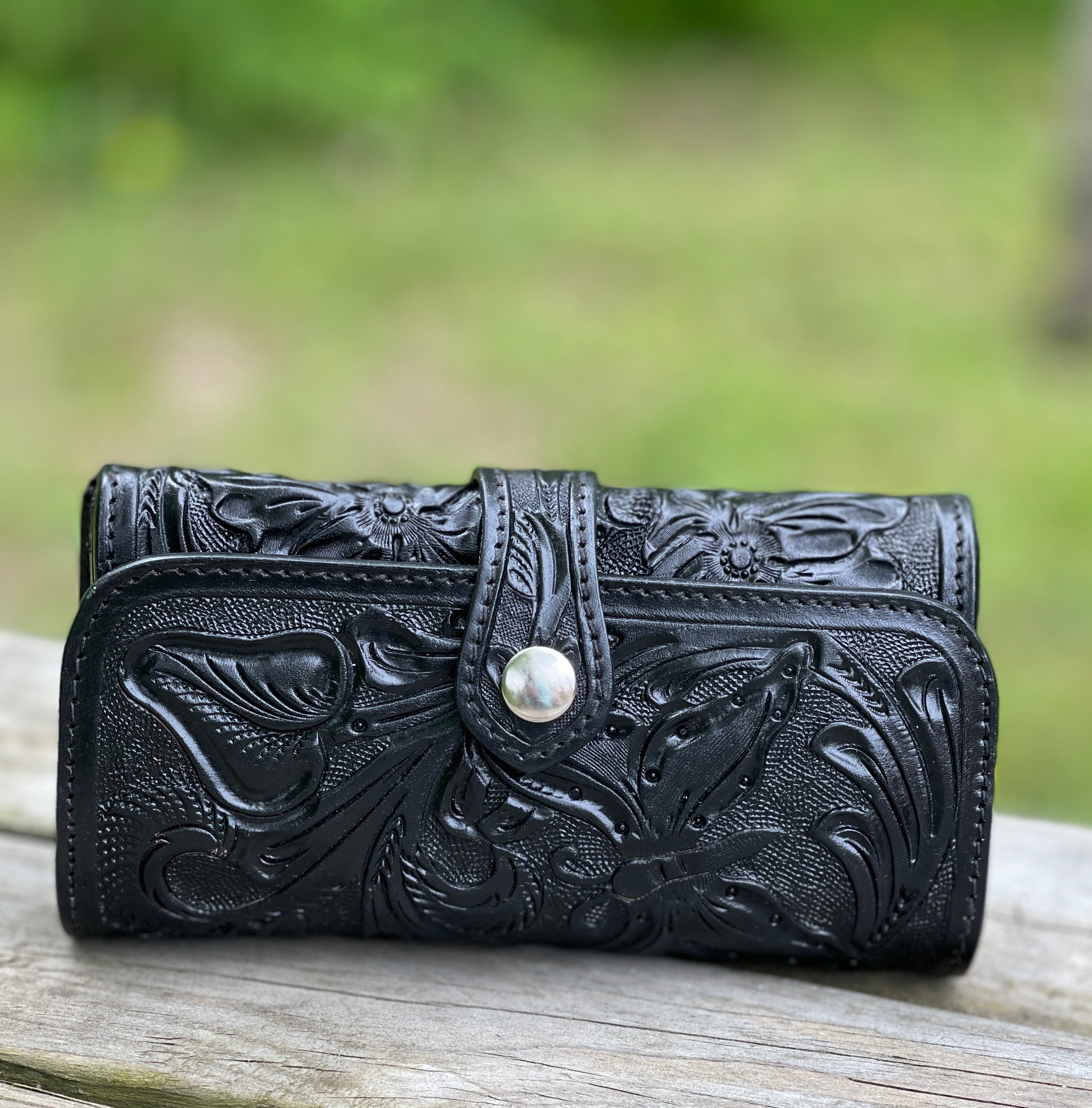 Fashion Hand Tooled Floral Long Leather Wallet | Black Genuine Leather Wallet with Colorful Tooled Flower Pattern | Hand Laced | Mothers Day Gifts