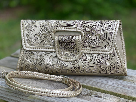 Hand-Tooled Leather Large Crossbody Clutch "LENGUETA" by ALLE - ALLE Handbags