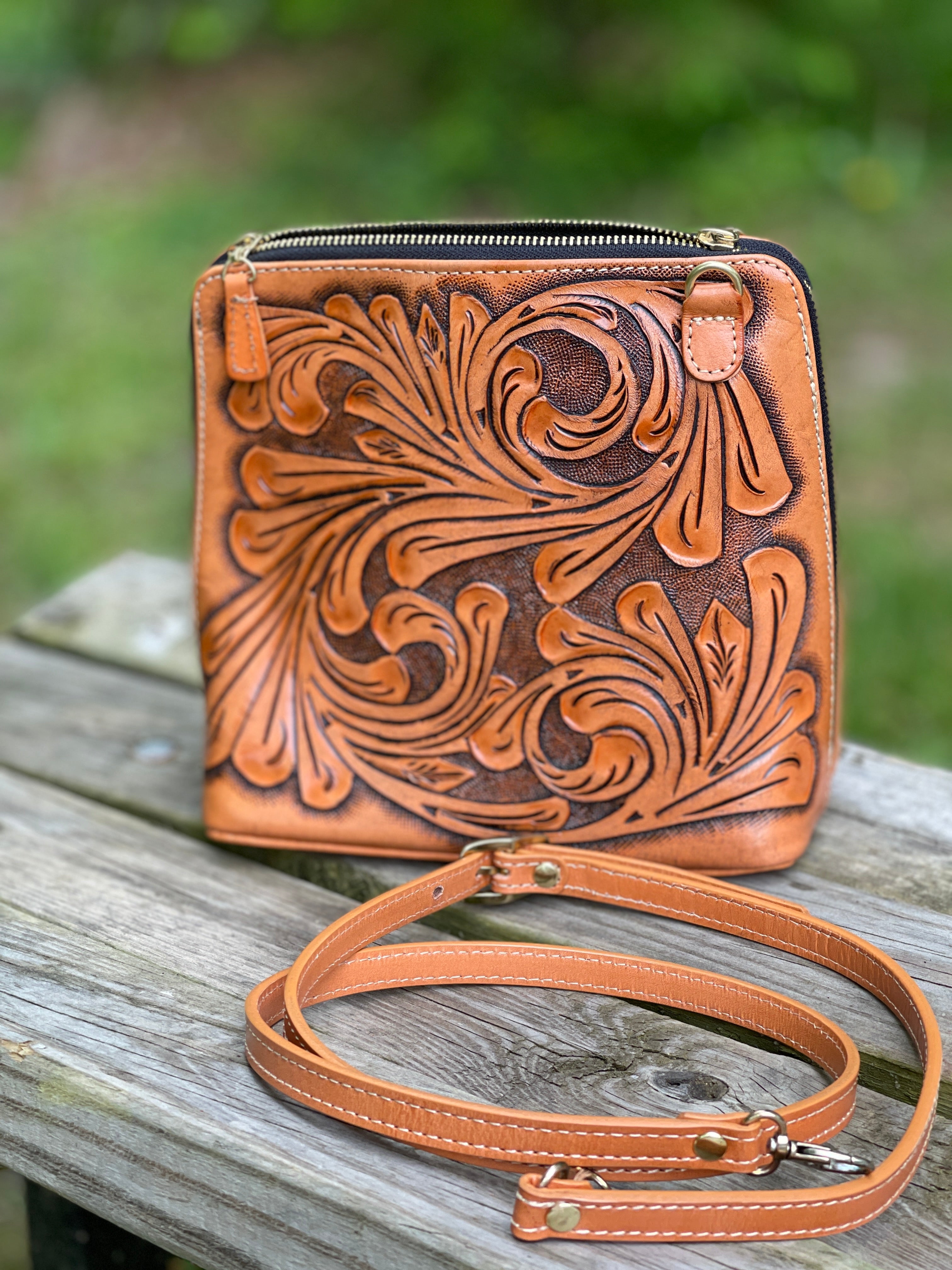 American Darling Round Brown Tooled Leather Purse with Painted Accents |  Painted Cowgirl Western Store