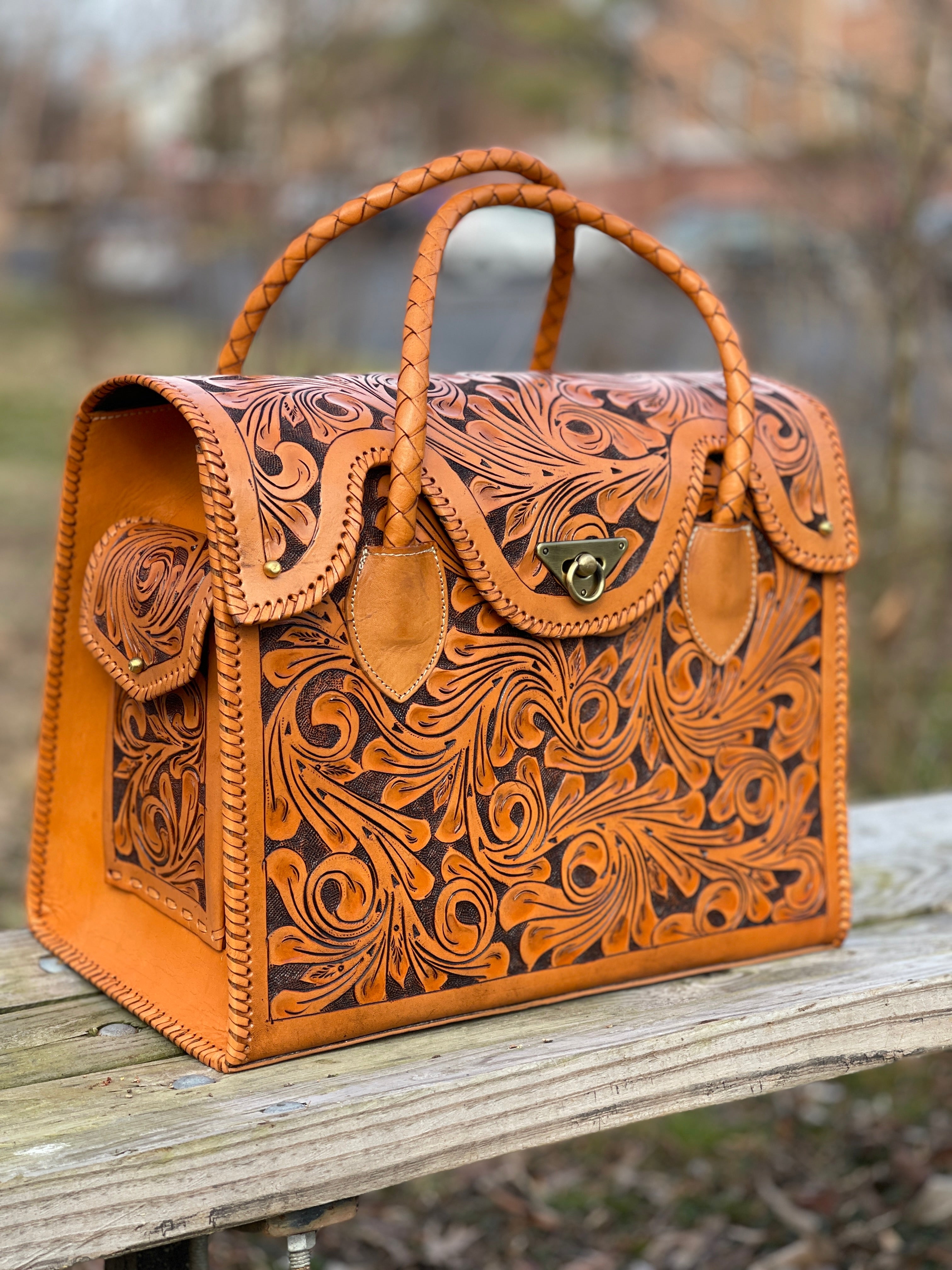 Tooled leather luggage sale