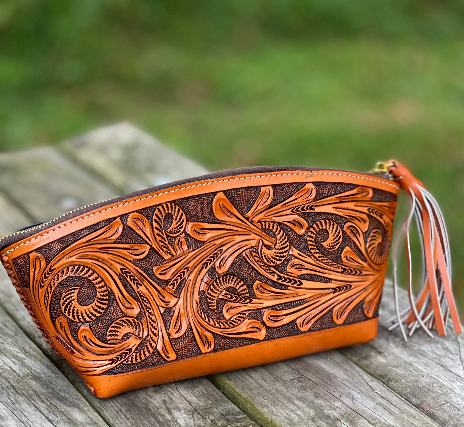 Hand-Tooled Leather COSMETIC BAG - ALLE Handbags