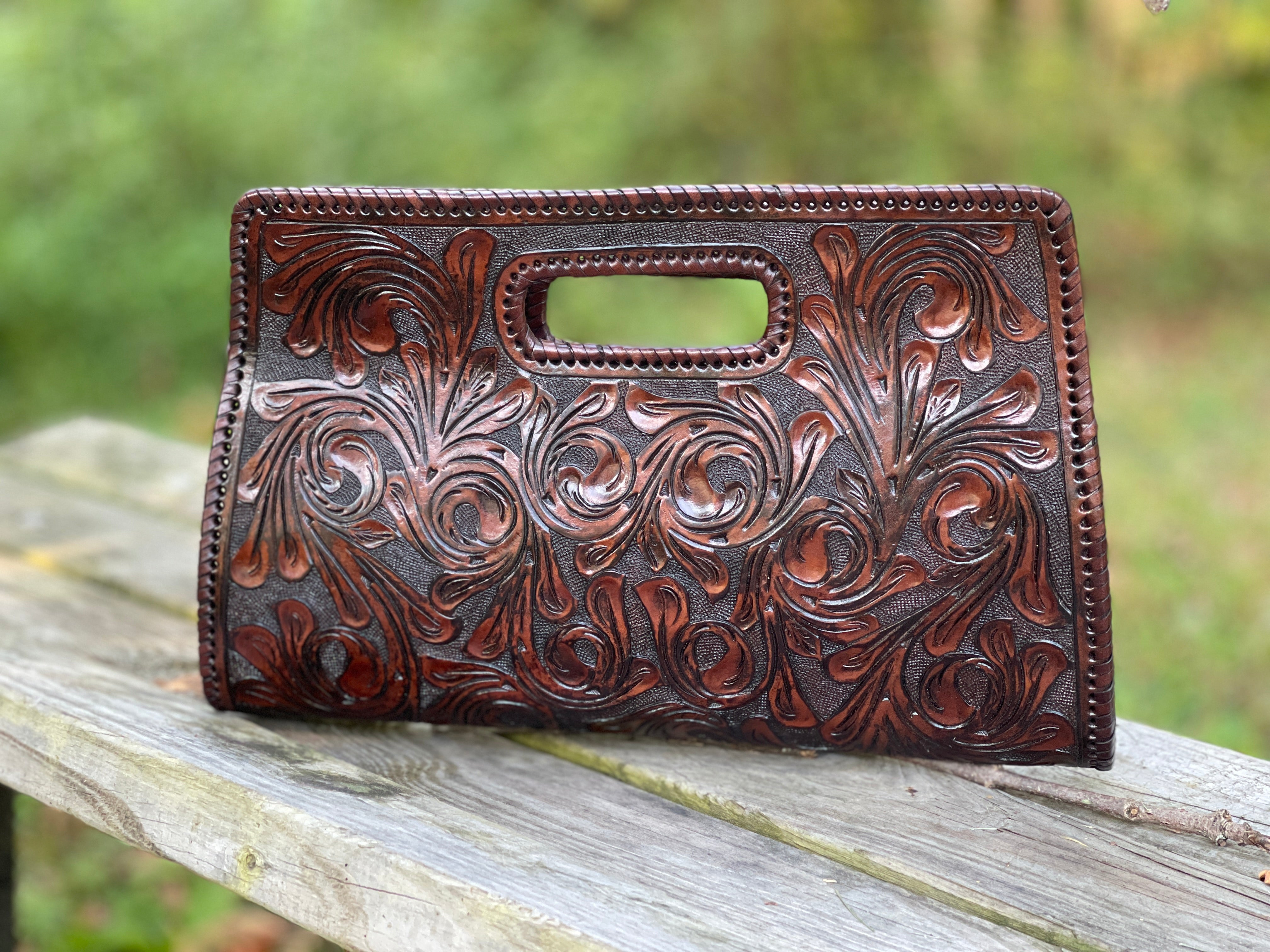 Memphis Hand Tooled Leather Clutch - Raven