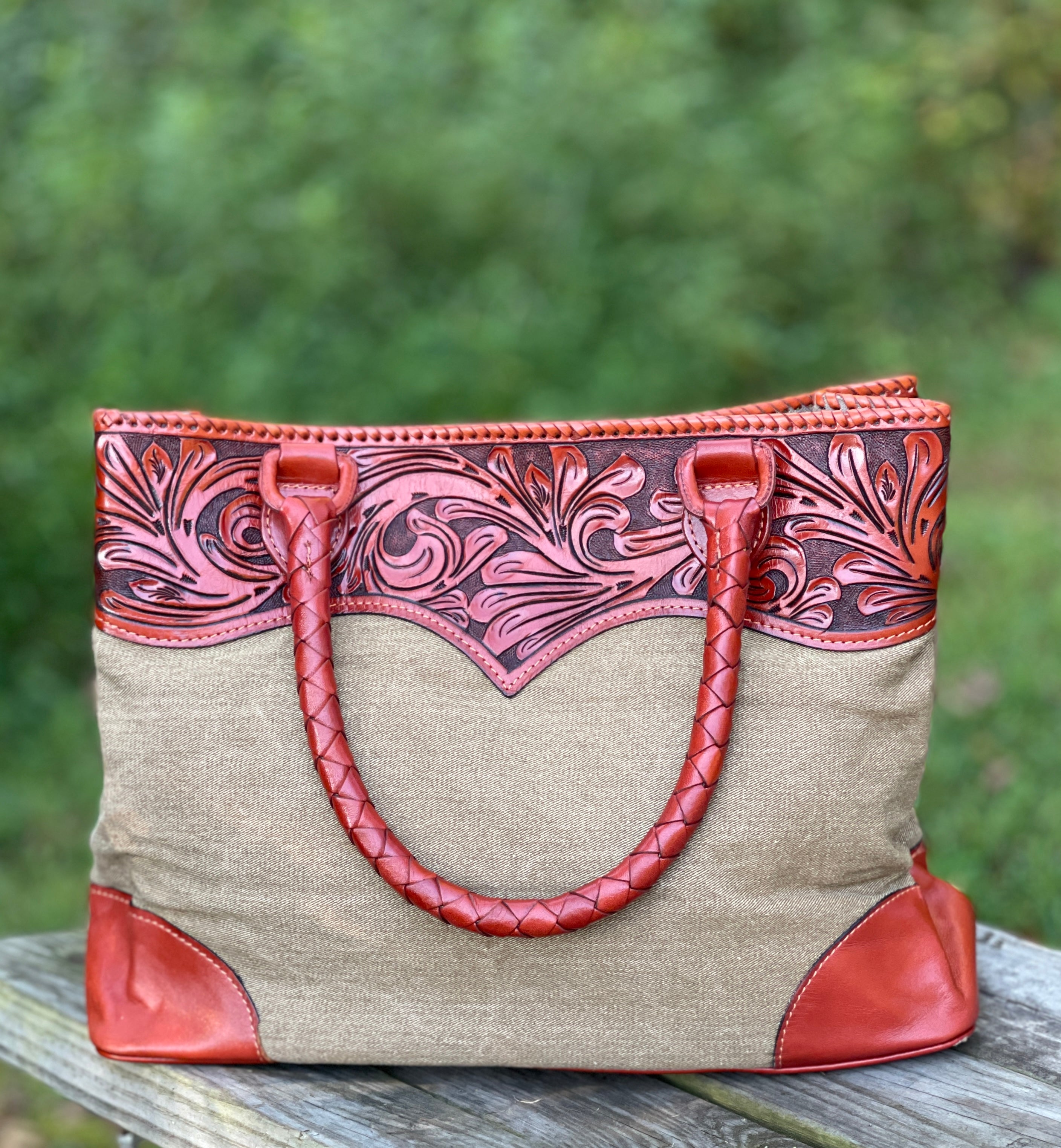 Fine Hand-tooled Leather Tote, Purse, Denim, Women, Best, Online, Buy