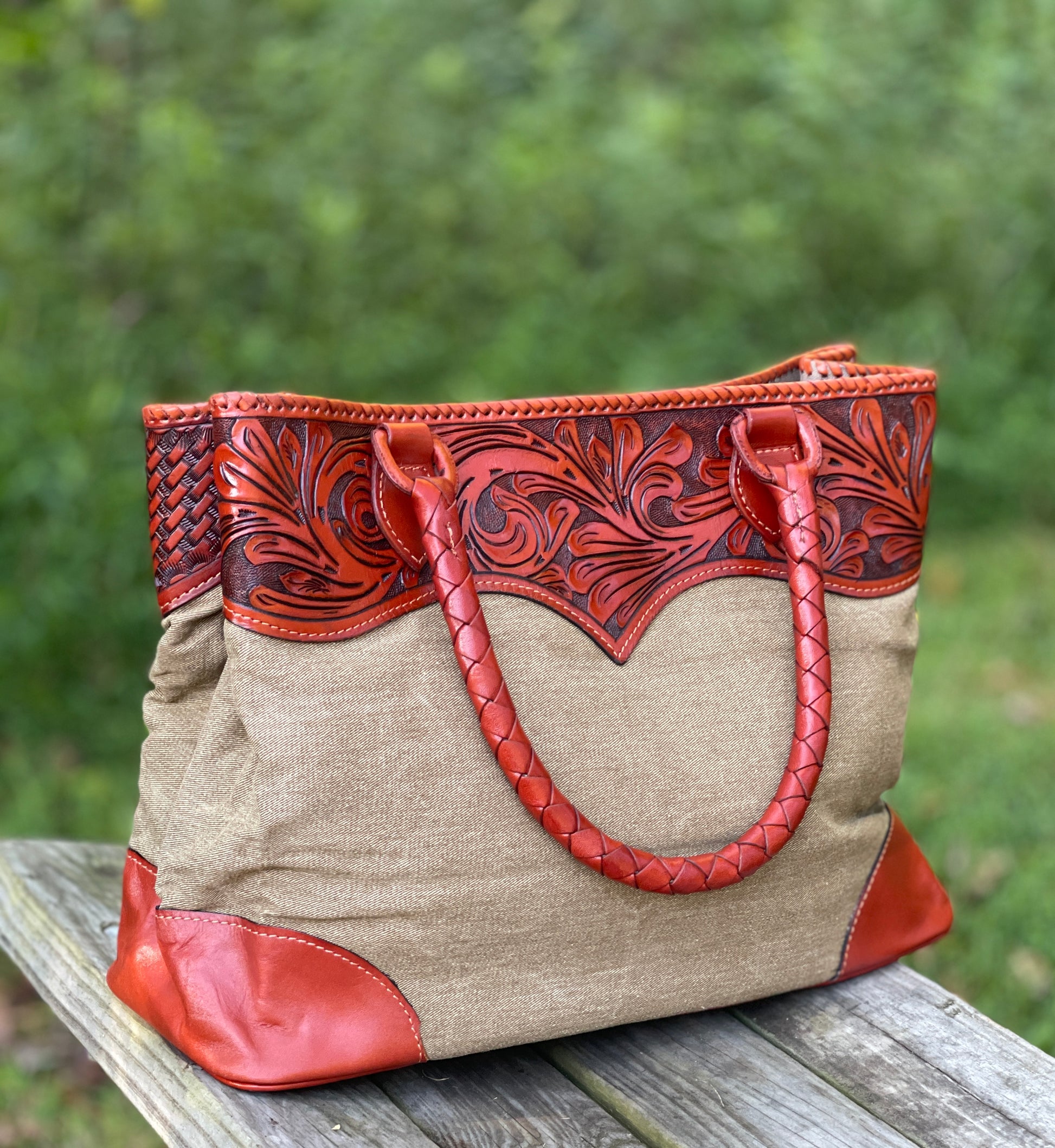 Hand-Tooled Leather & Denim Tote "Denim" by ALLE more Color - ALLE Handbags