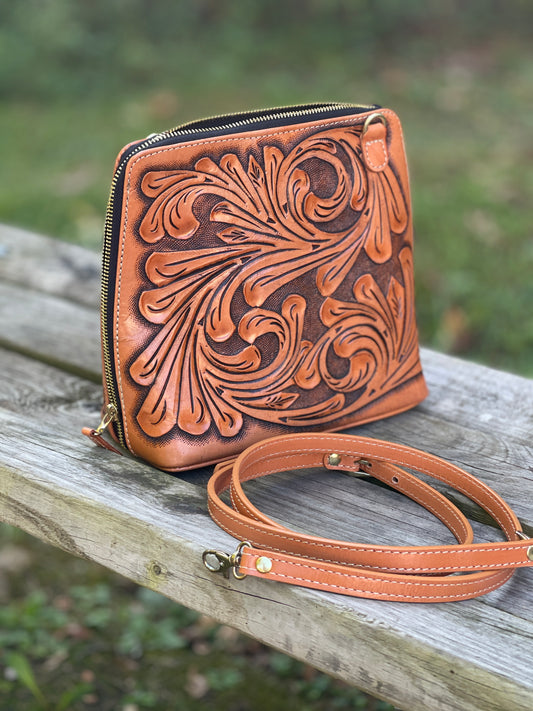 Hand-Tooled Leather Large Crossbody "CATALINA" by ALLE more Colors - ALLE Handbags