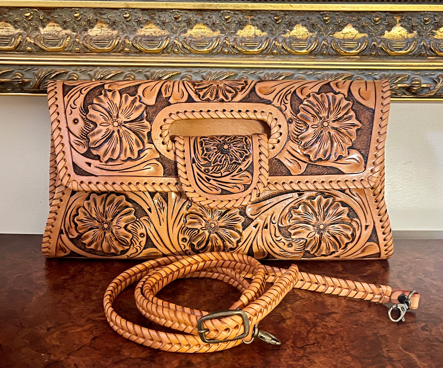 Hand-Tooled Leather Small Clutch & Crossbody "LENGUETA" by ALLE, more colors