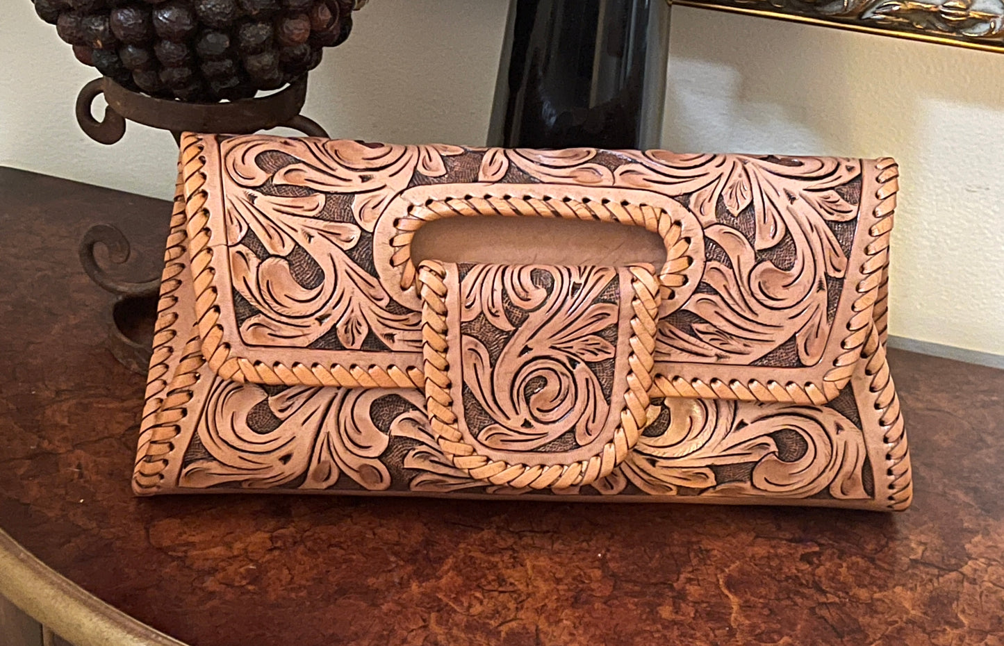 Hand-Tooled Leather Small Clutch & Crossbody "LENGUETA" by ALLE, more colors