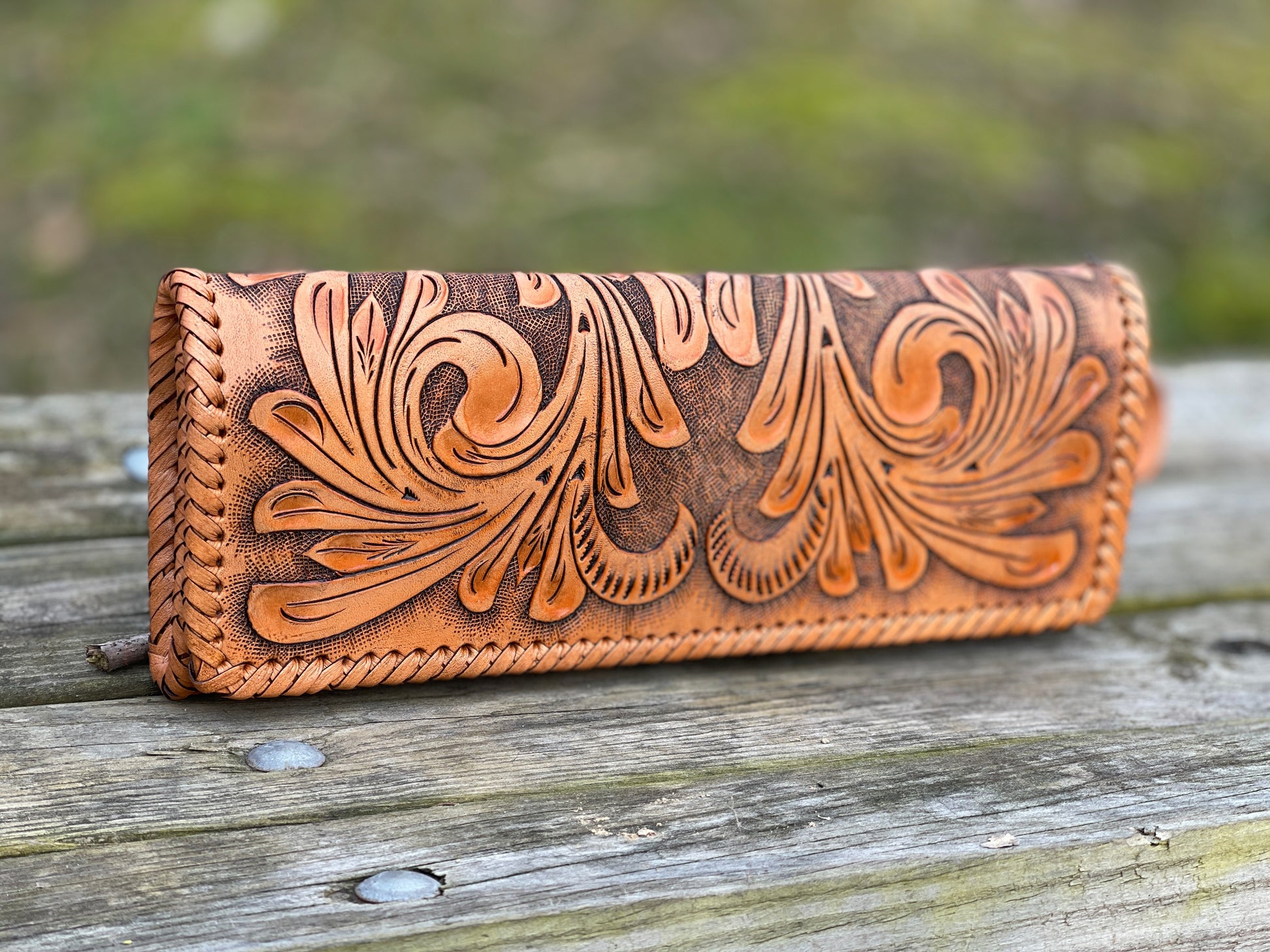 Hand Tooled Leather Clutch - Wristlet "Oaxaca" by ALLE, Vintage Boho style - ALLE Handbags