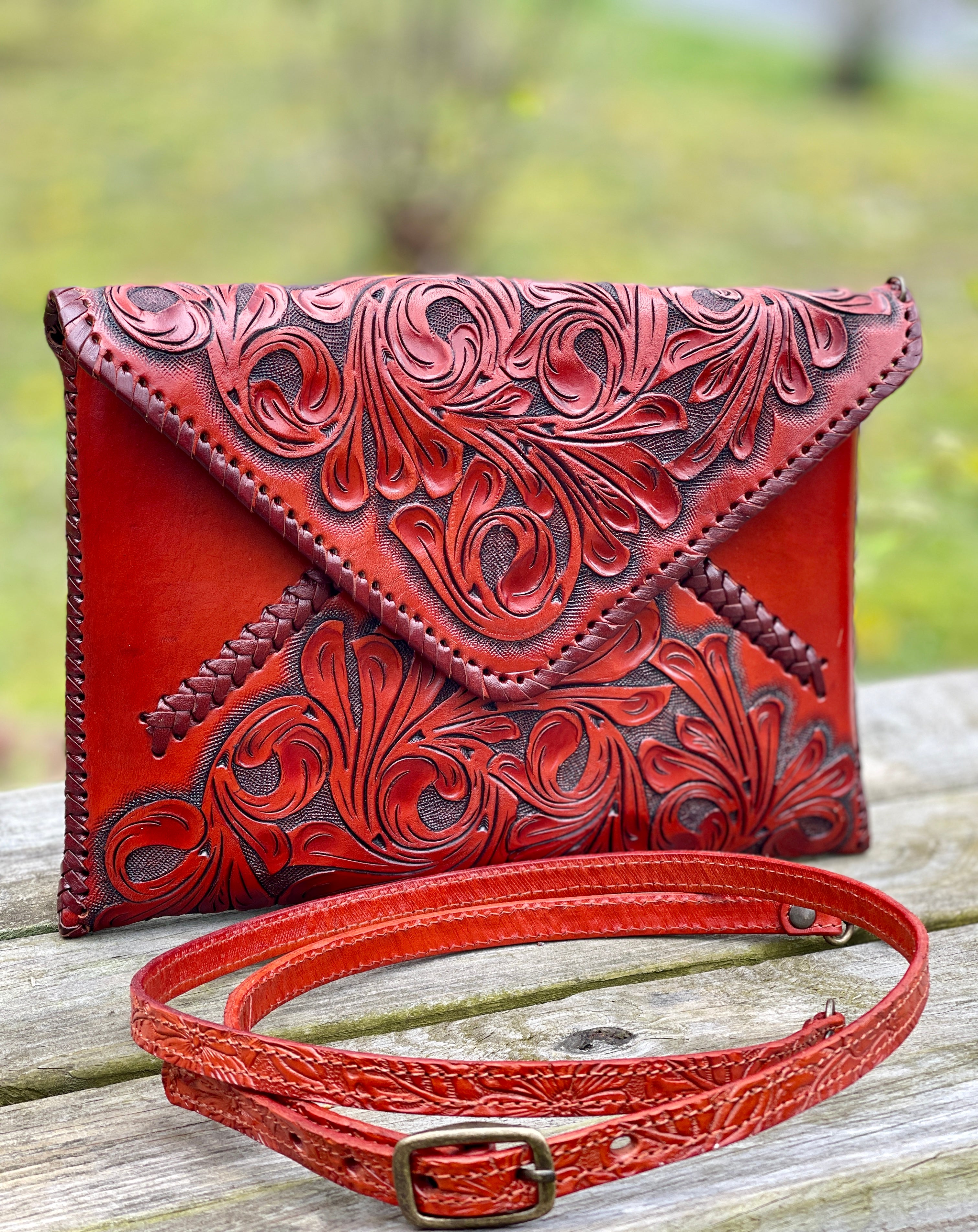 Beautiful Solid Red Hand Tooled Leather online Wristlet Clutch Evening Bag Mexican Leather Clutch Wristlet Mexican Style