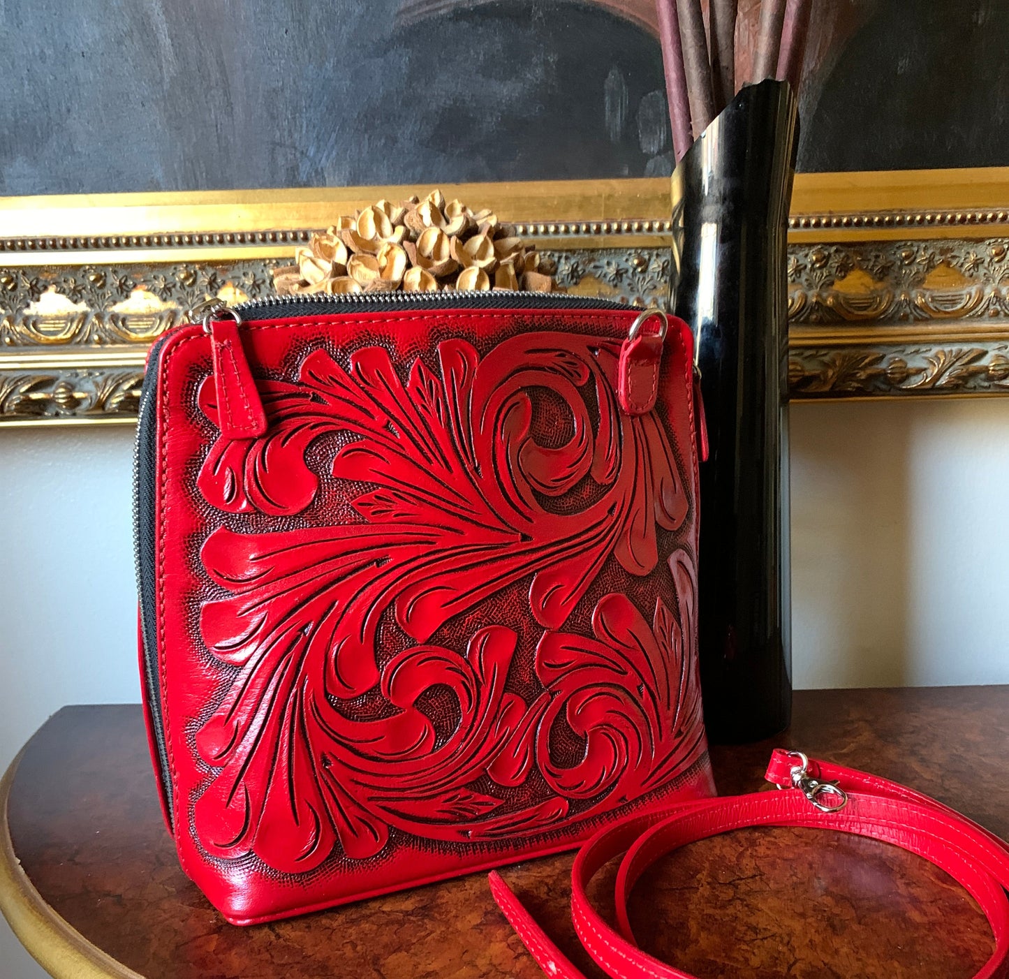 Hand-Tooled Leather Small Crossbody "CATALINA" by ALLE more Colors