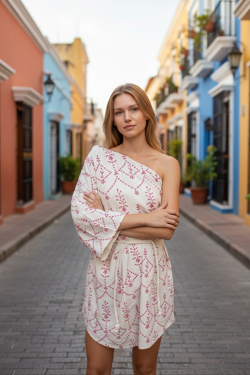 Handmade Linen Boho Mini Beach Dress Off-the-shoulder "GRECO"