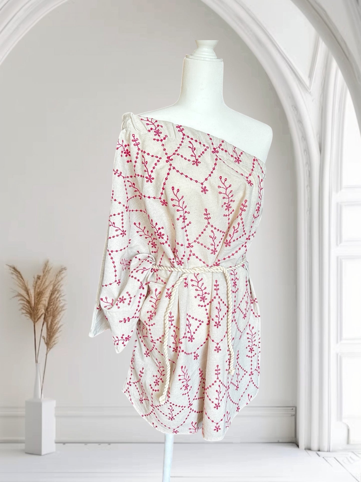 Handmade Linen Boho Mini Beach Dress Off-the-shoulder "GRECO"