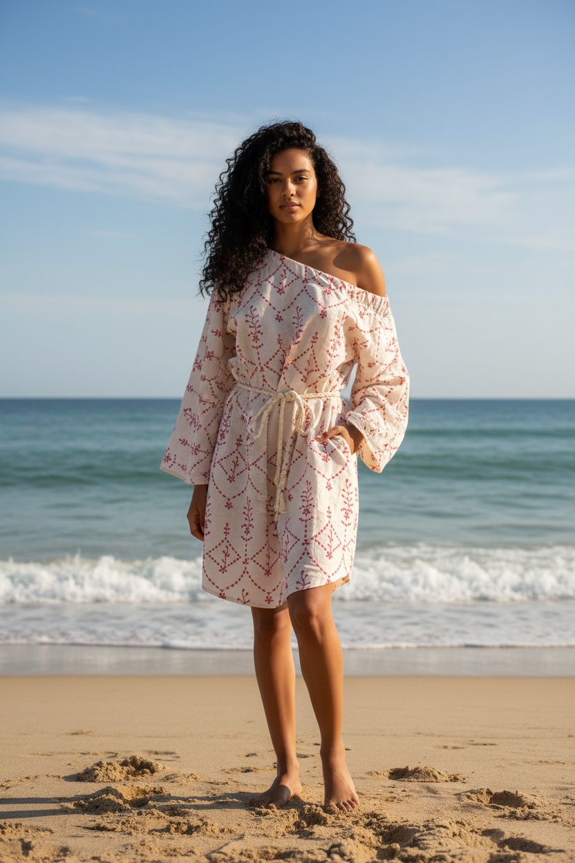 Handmade Linen Boho Mini Beach Dress Off-the-shoulder "GRECO"