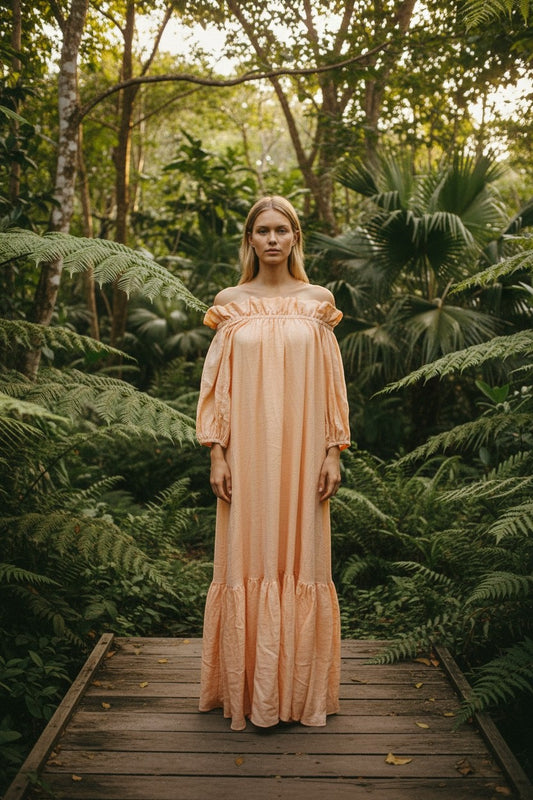 Handmade Boho Maxi Beach Dress Off-the-shoulder "MINA", by ALLE BOHO - ALLE Handbags