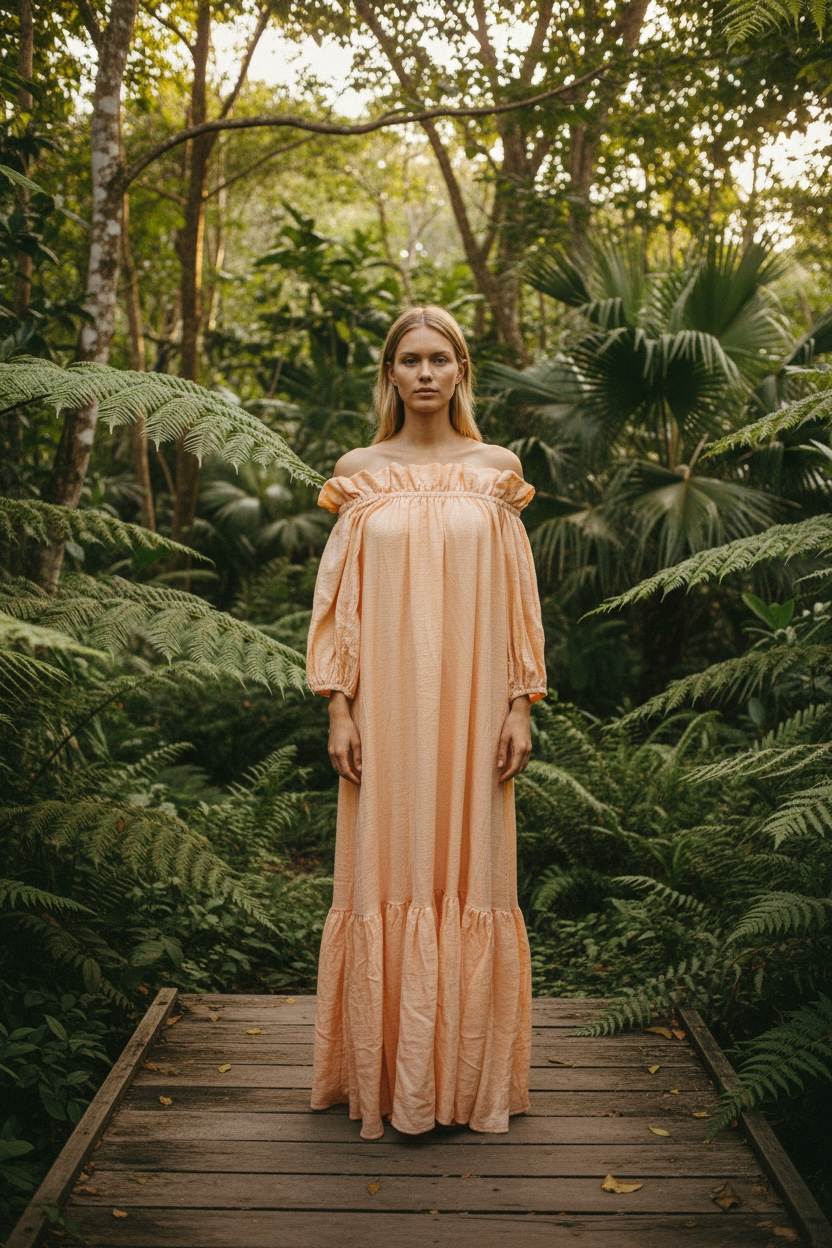 Handmade Boho Maxi Beach Dress Off-the-shoulder "MINA", by ALLE BOHO