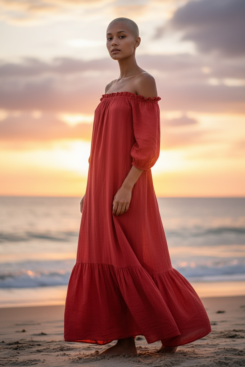 Handmade Boho Maxi Beach Dress Off-the-shoulder "MINA", by ALLE BOHO - XL / Red Handmade Boho Maxi Beach Dress Off-the-shoulder "MINA", by ALLE BOHO - XL / Red