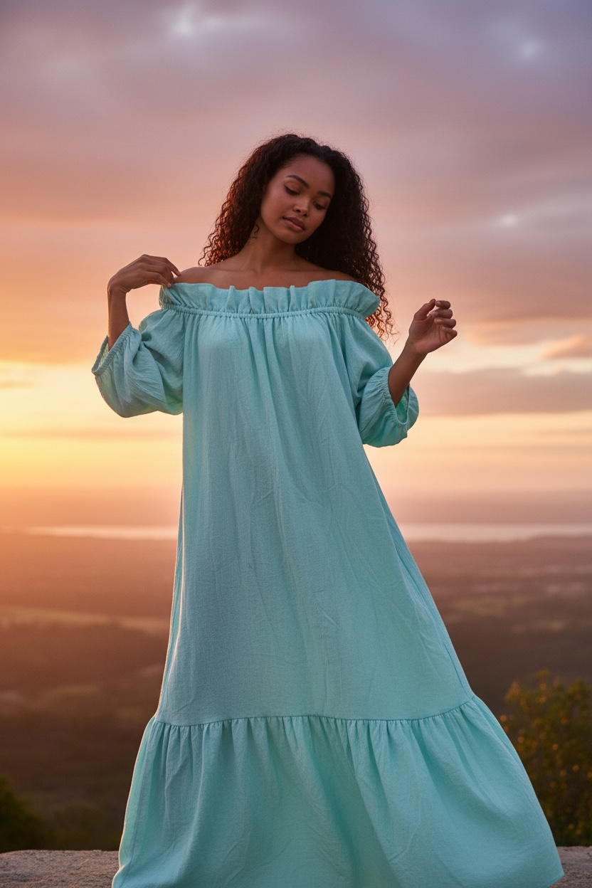 Handmade Boho Maxi Beach Dress Off-the-shoulder "MINA", by ALLE BOHO