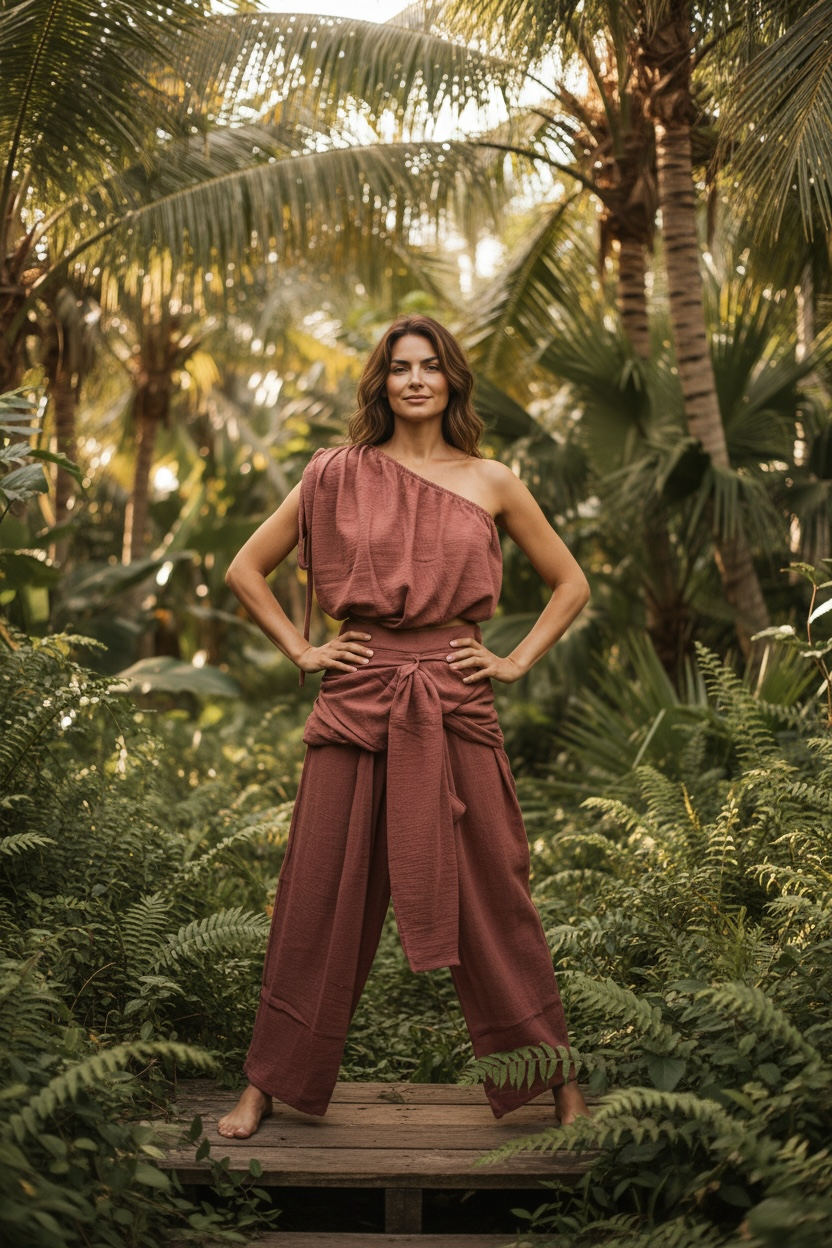 Handmade Cotton Set of Pants & Off-the-Shoulder Top "NUDO"