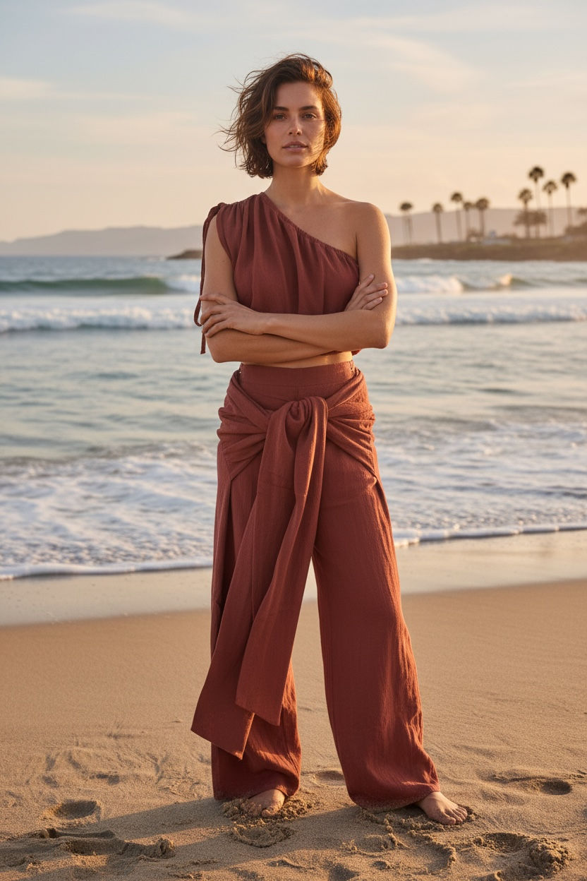 Handmade Cotton Set of Pants & Off-the-Shoulder Top "NUDO"