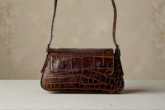 Cowhide Leather Mini Shoulder Bag ”VALENCIA" Crocodile-Embossed Finish