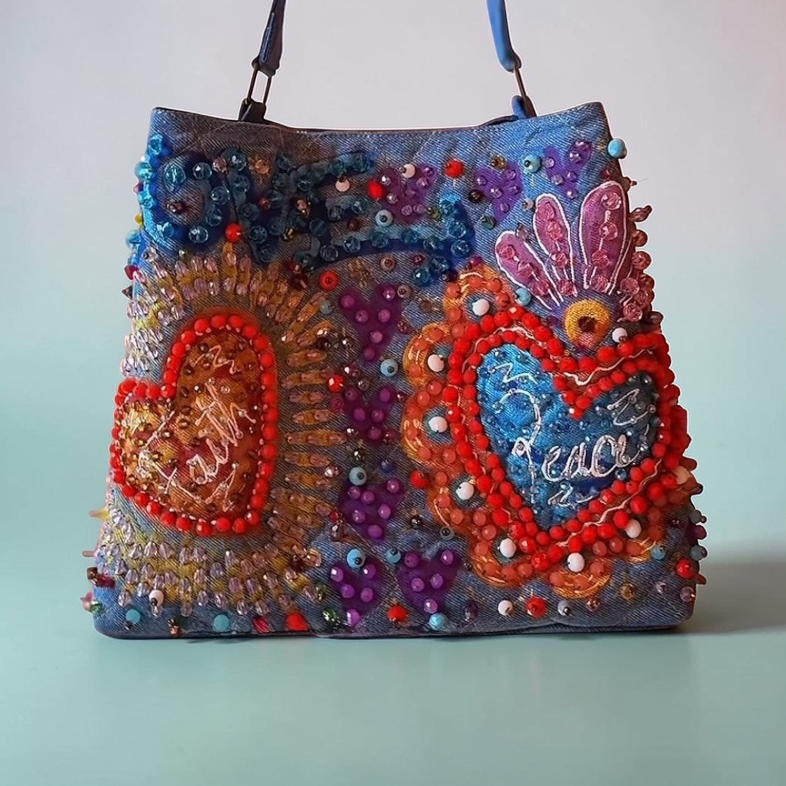 Hand Painted Denim Tote Bag with Heart, Mystic Eye & Lettering - ALLE Handbags