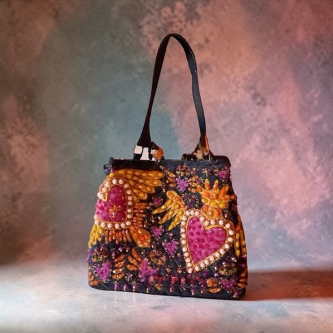 Hand Painted Denim Tote Bag with Embroidered "Heart and Wings"