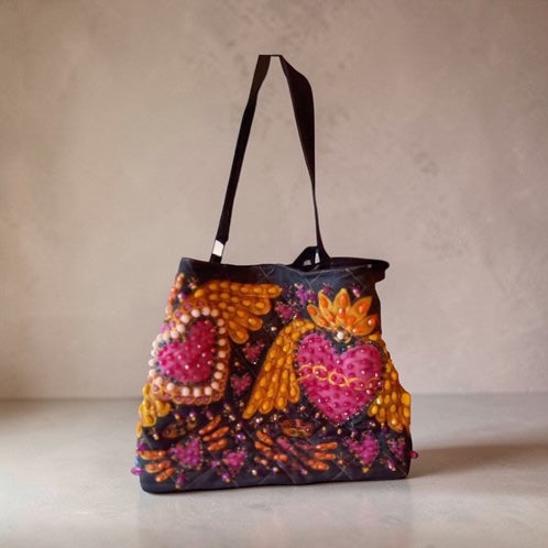 Hand Painted Denim Tote Bag with Embroidered "Heart and Wings" - ALLE Handbags