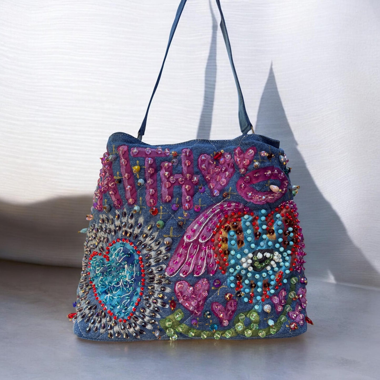 Hand Painted  & Embroidered Denim Tote Bag with Heart, Mystic Eye & Lettering